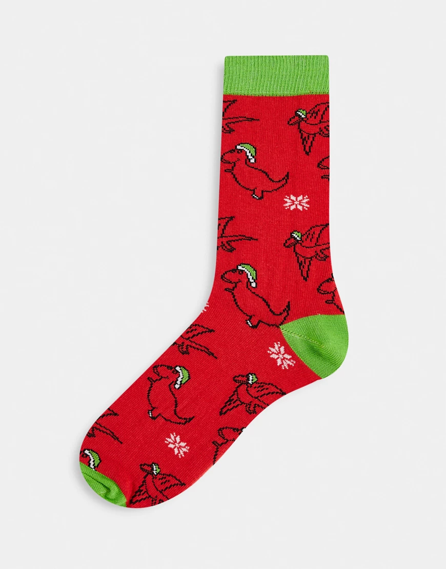 ASOS DESIGN – Knöchelsocken mit weihnachtlichem Dinosaurier-Motiv-Rot günstig online kaufen