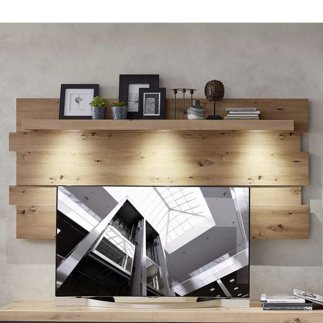 Wohnzimmer Anbauwand in Dunkelgrau und Wildeiche Optik LED Beleuchtung (fün günstig online kaufen