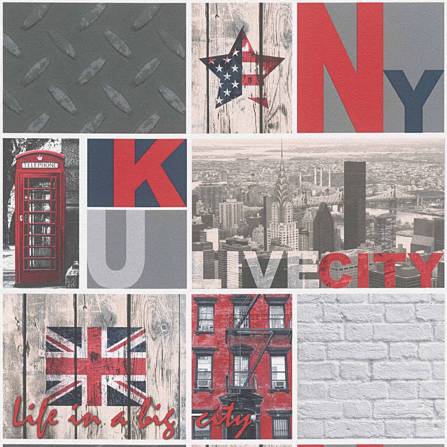 Bricoflor Retro Tapete mit New York Schriftzug Kindertapete in Grau und Rot günstig online kaufen