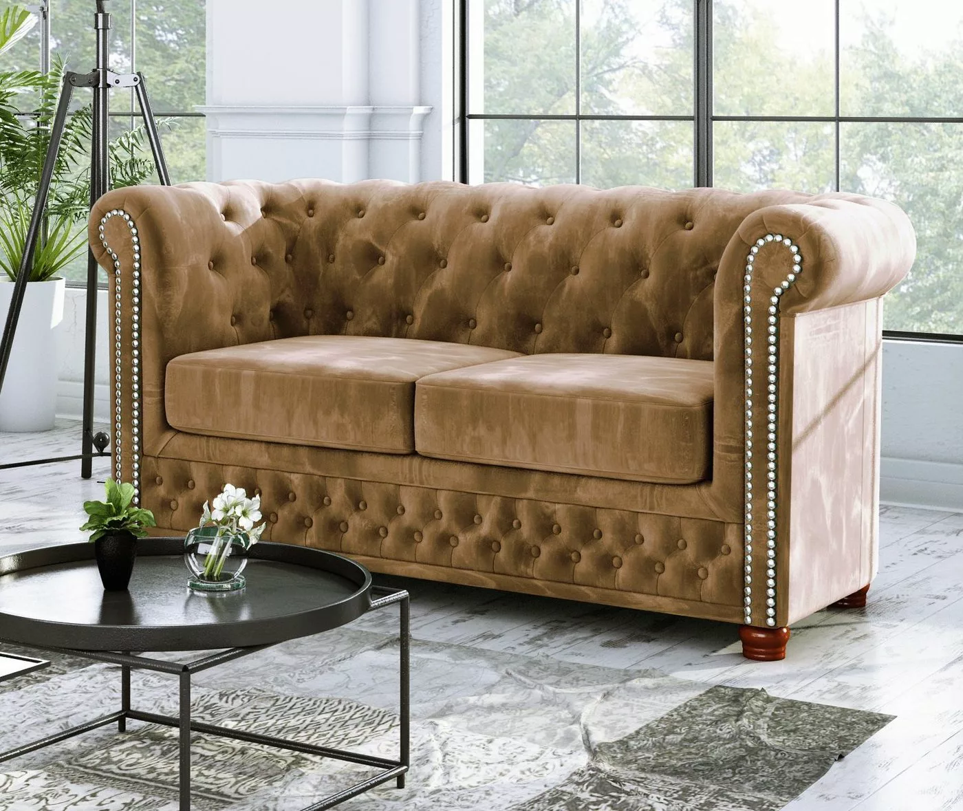 S-Style Möbel Chesterfield-Sofa Leeds 2-Sitzer aus Samt-Stoff mit Holzfüßen günstig online kaufen