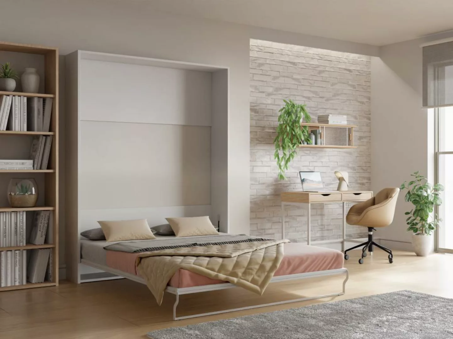 Schrankbett - 160 x 200 cm - Manuelle vertikale Öffnung - Weiß - MALINA II günstig online kaufen