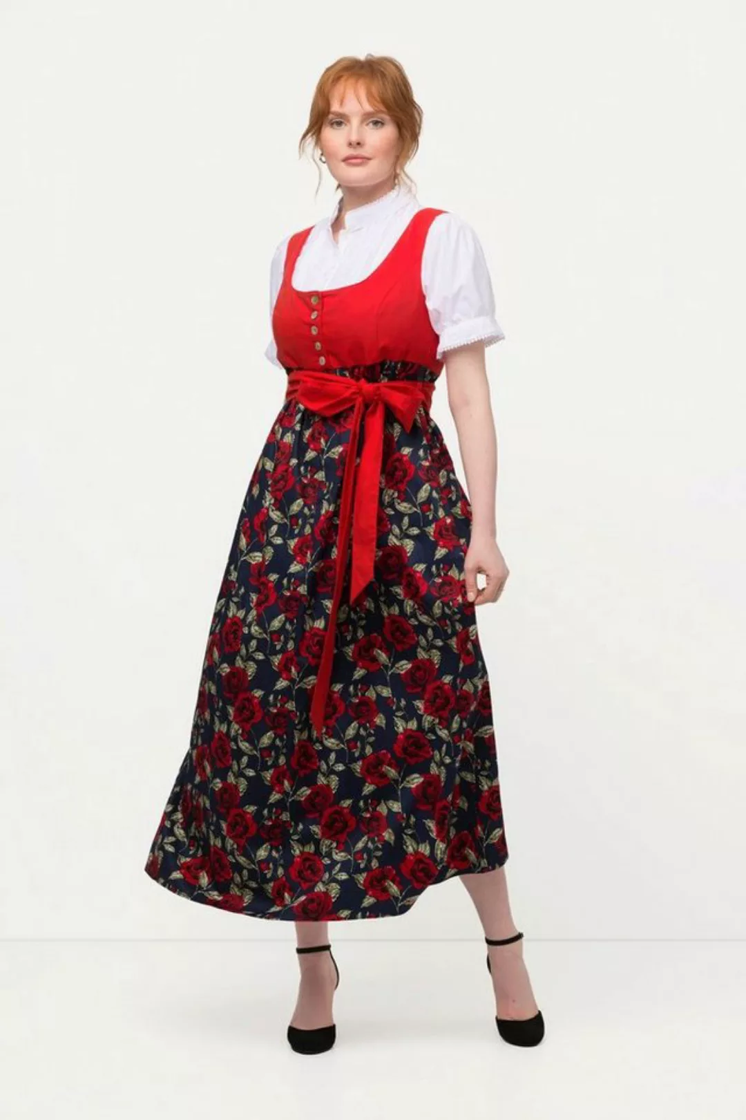 Ulla Popken Sommerkleid Dirndl Blüten Bindeband Carree-Ausschnitt ärmellos günstig online kaufen