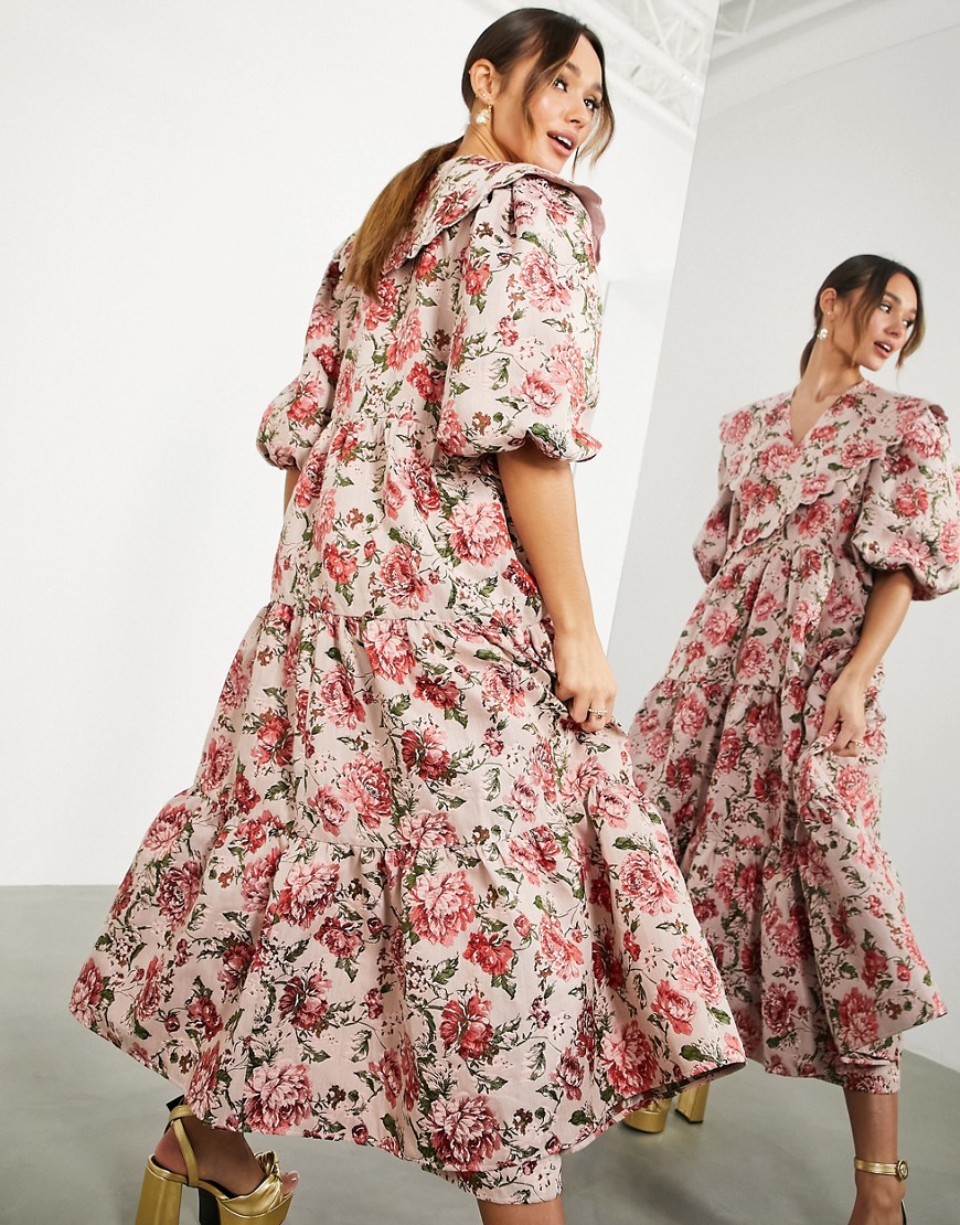 ASOS EDITION – Geblümtes Midi-Hängerkleid aus Jacquard in Rosa mit Bogenkan günstig online kaufen