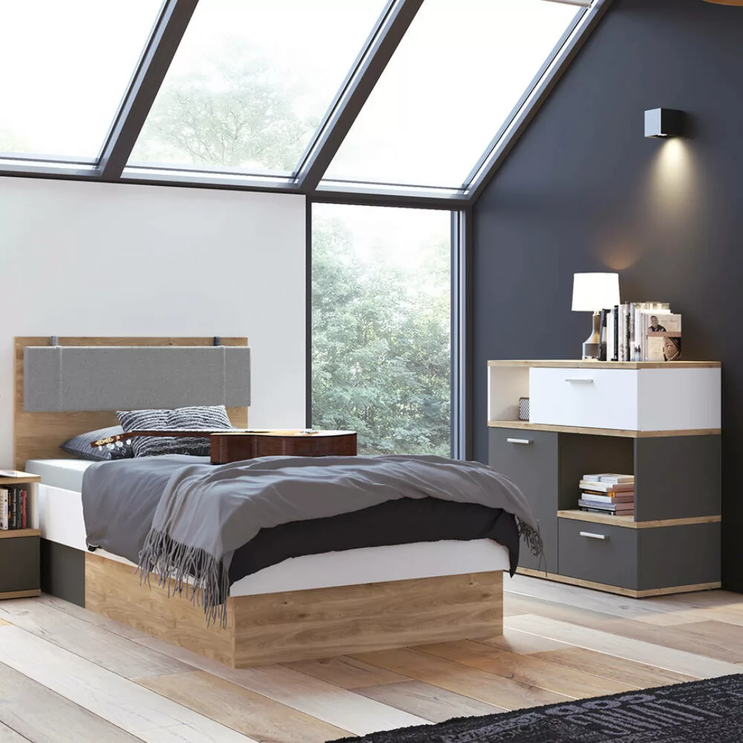 Jugendzimmer Set 2-teilig TOMAR-129 mit Bett 90x200 cm in Eiche Nb. mit wei günstig online kaufen