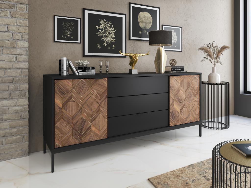 Sideboard mit 2 Türen & 3 Schubladen - Schwarz & Holzfarben dunkel - MIALIN günstig online kaufen