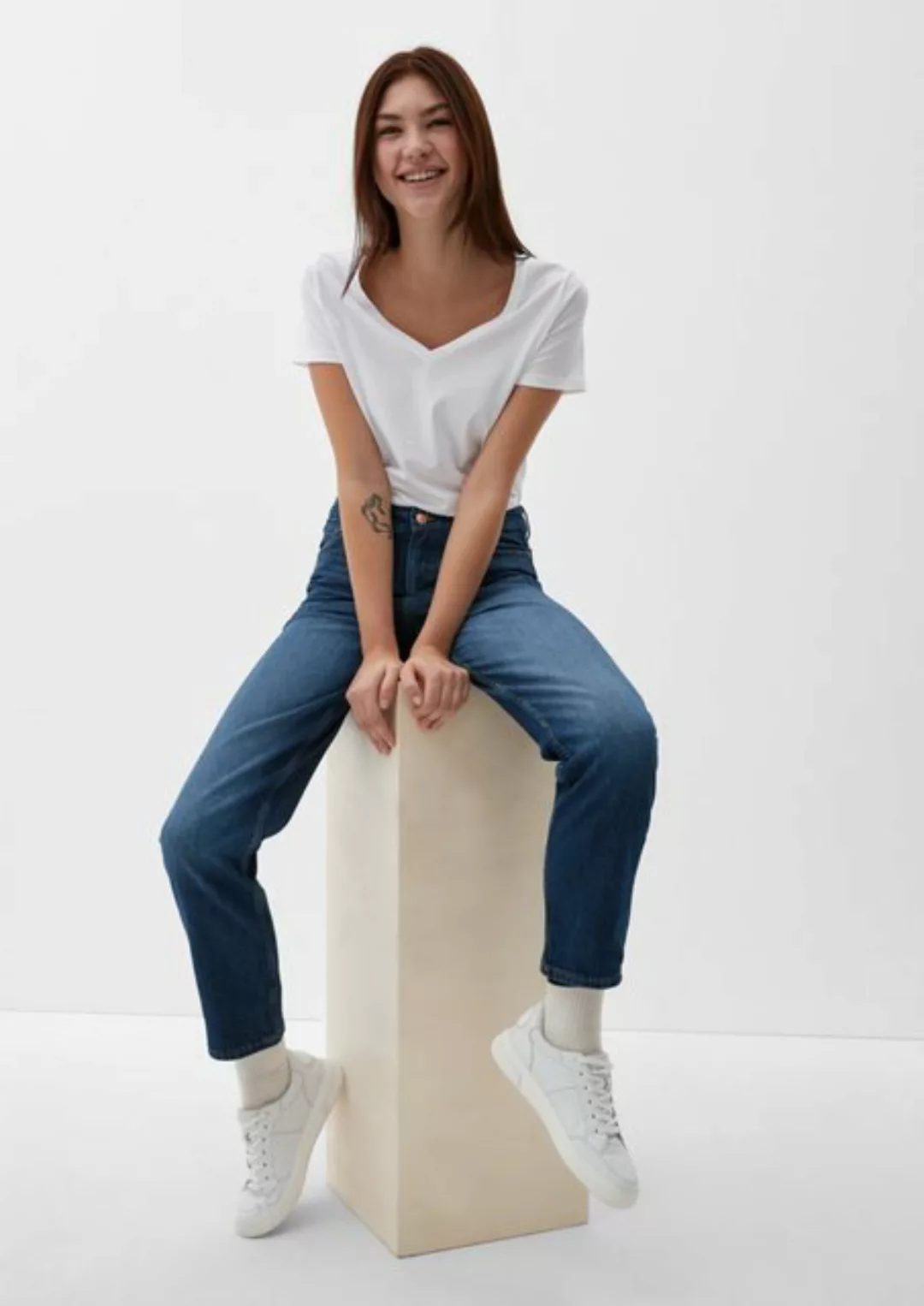 QS 7/8-Hose Ankle-Jeans Megan / Slim Fit / High Rise / Tapered Leg Destroye günstig online kaufen