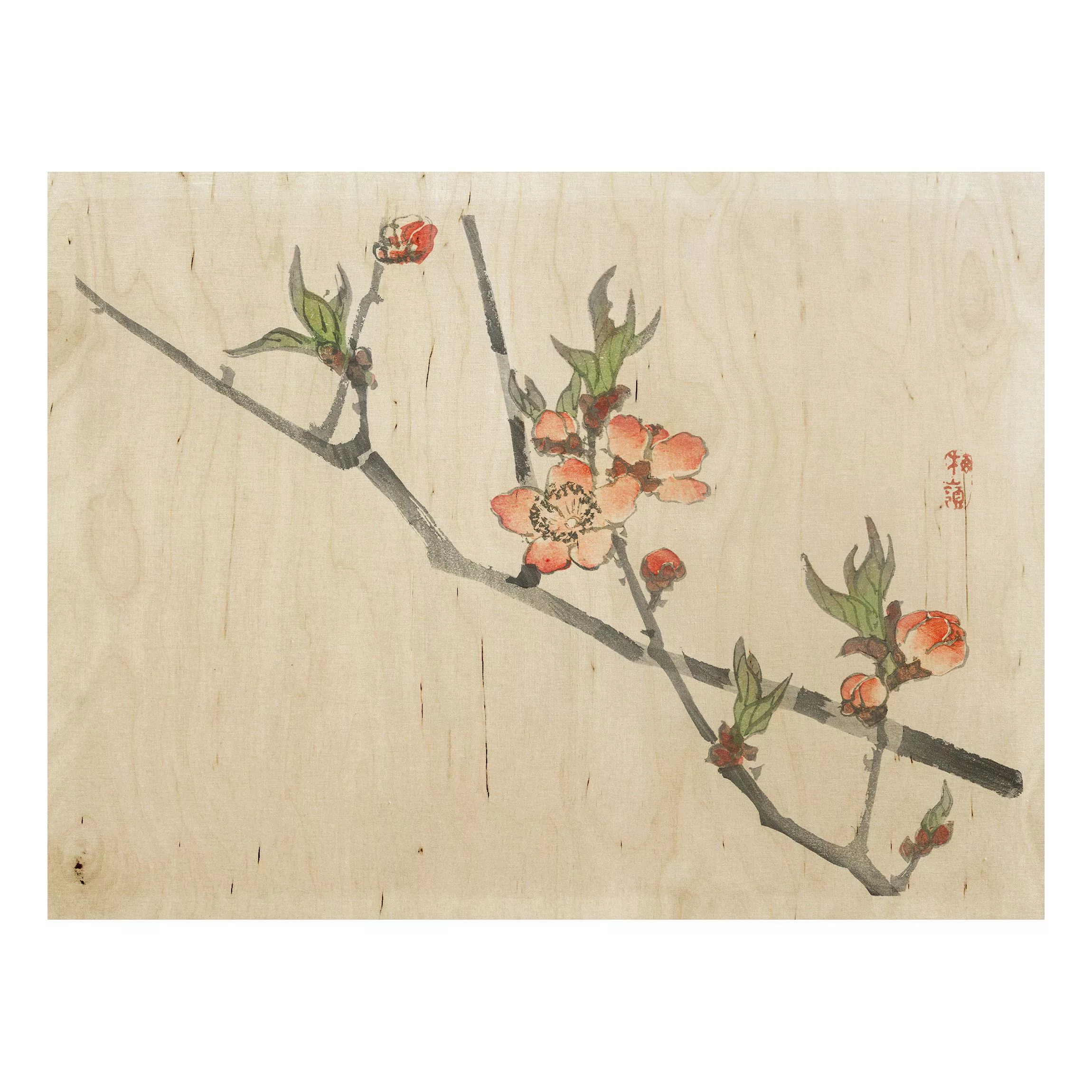 Holzbild Blumen - Querformat 4:3 Asiatische Vintage Zeichnung Kirschblütenz günstig online kaufen