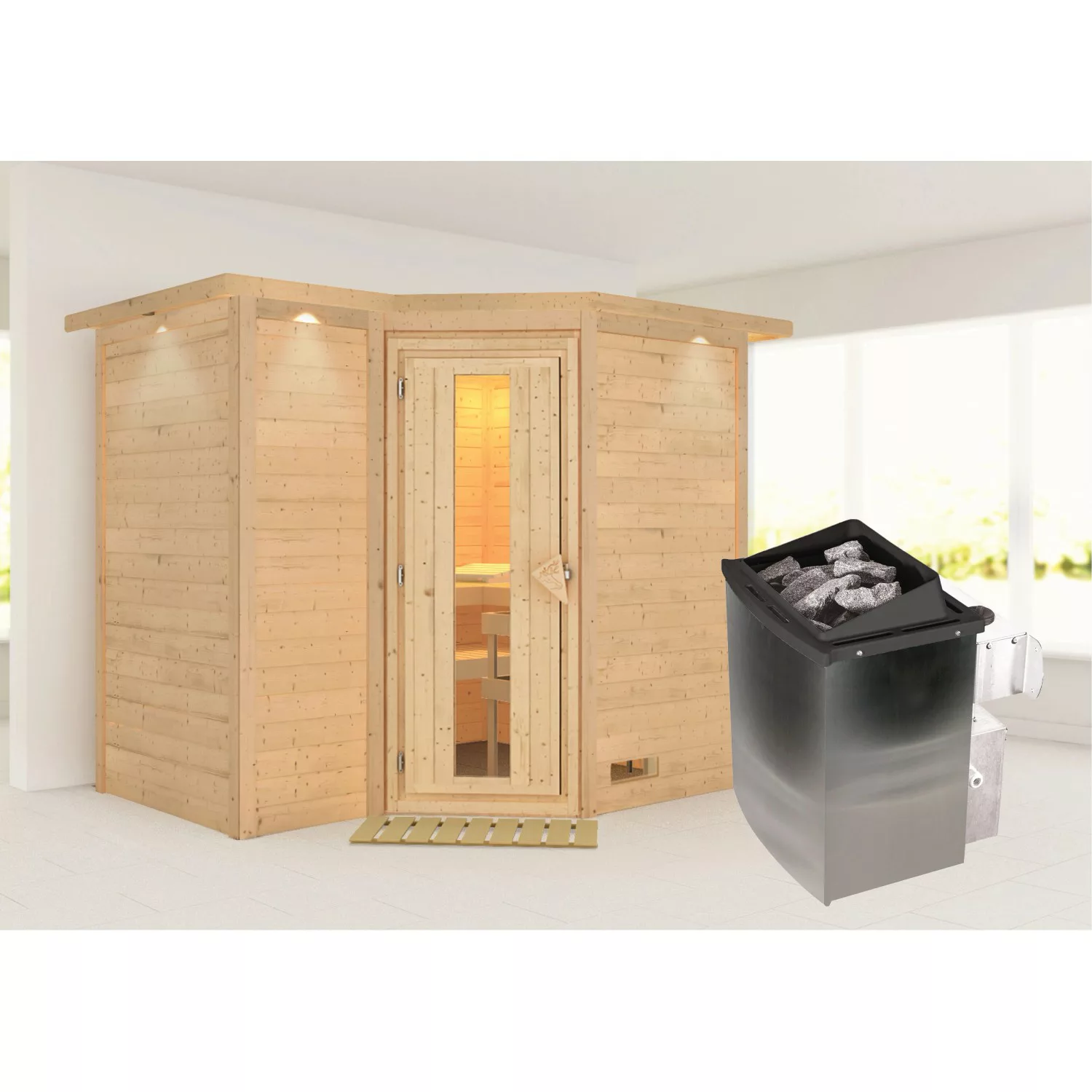 Karibu Sauna Steena 2 mit Ofen intergrierte Stg.LED-Dachkranz Natur günstig online kaufen