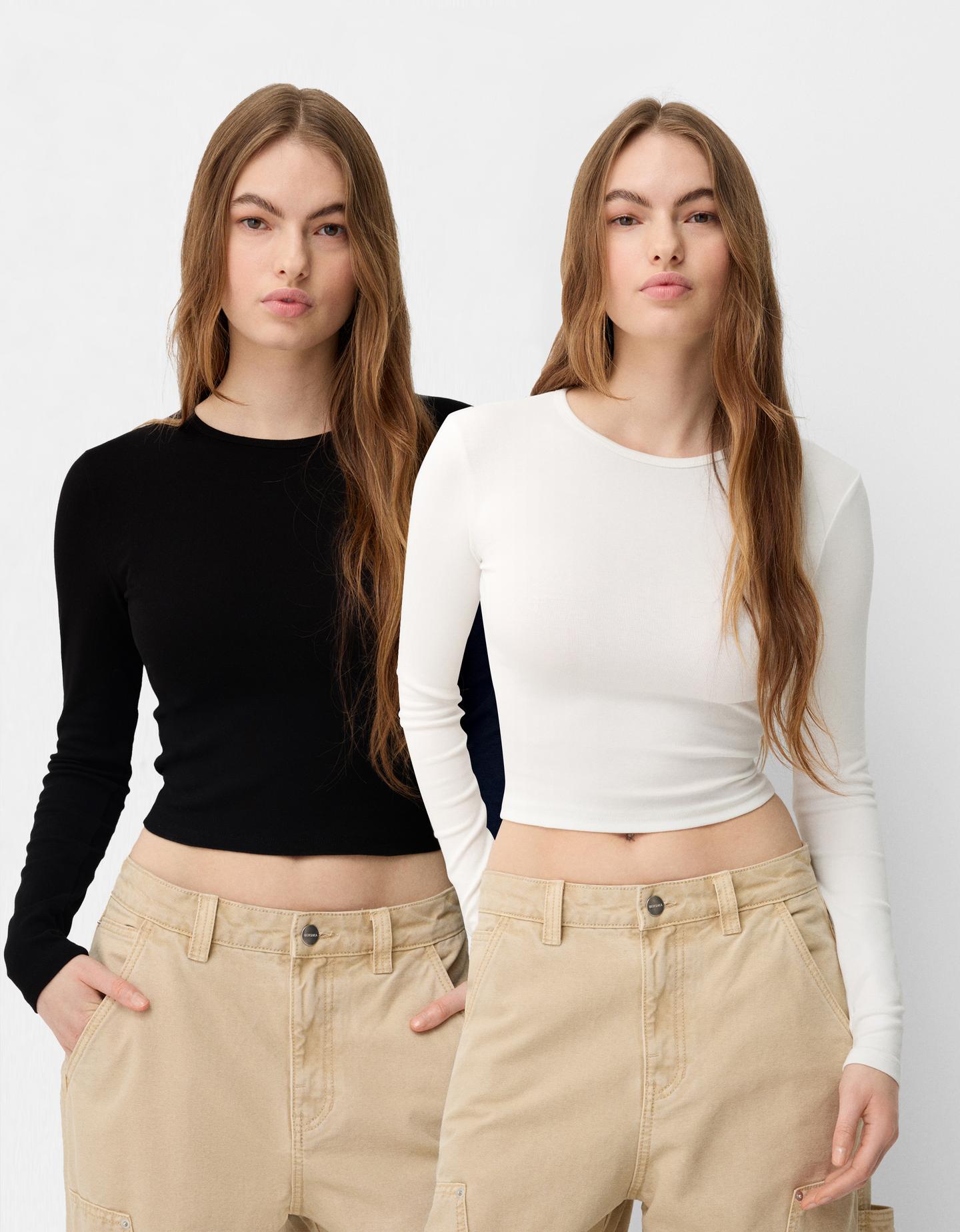 Bershka 2er-Pack Langarmshirts Mit Langen Ärmeln Und Rundausschnitt Damen L günstig online kaufen