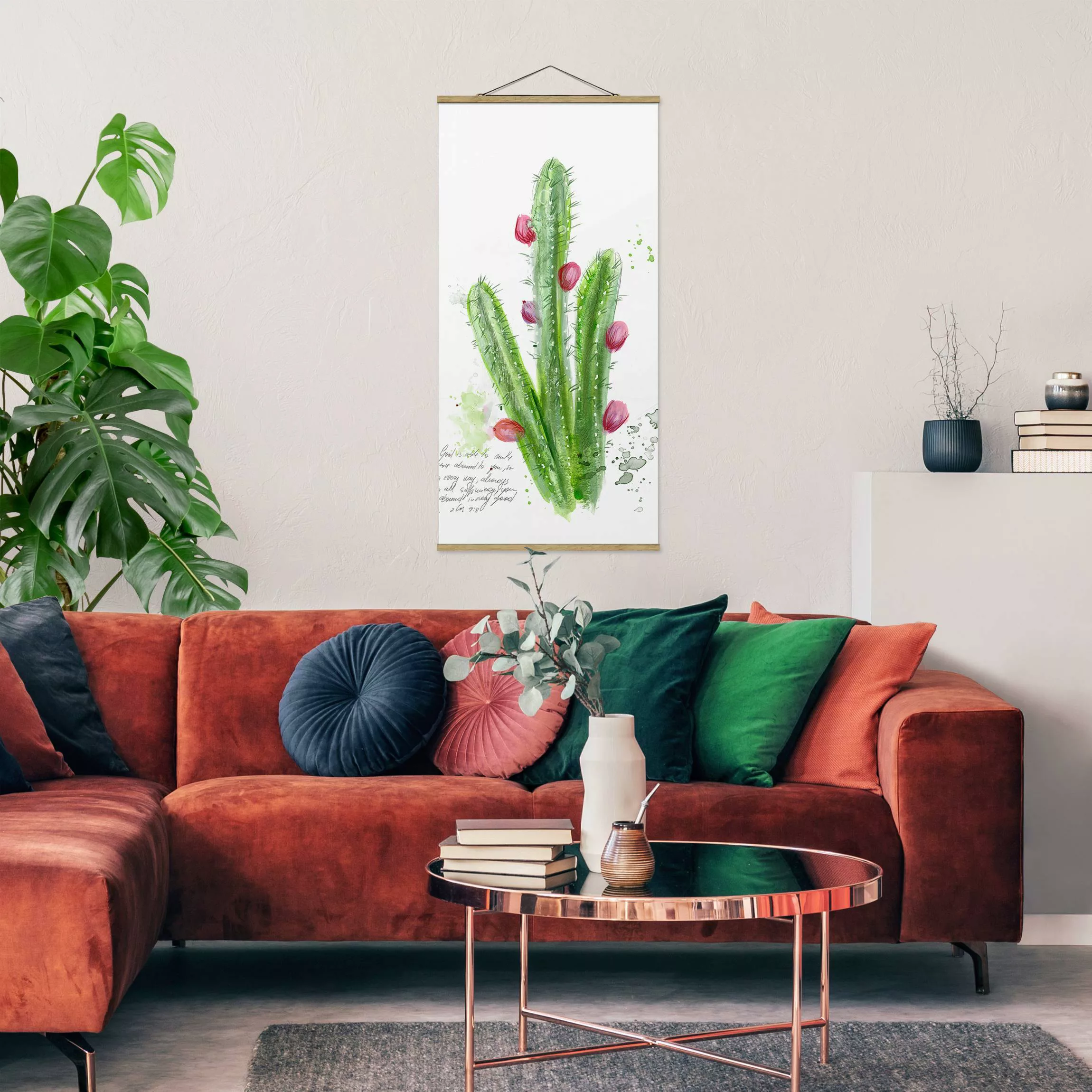 Stoffbild Blumen mit Posterleisten - Hochformat Kaktus mit Bibelvers II günstig online kaufen