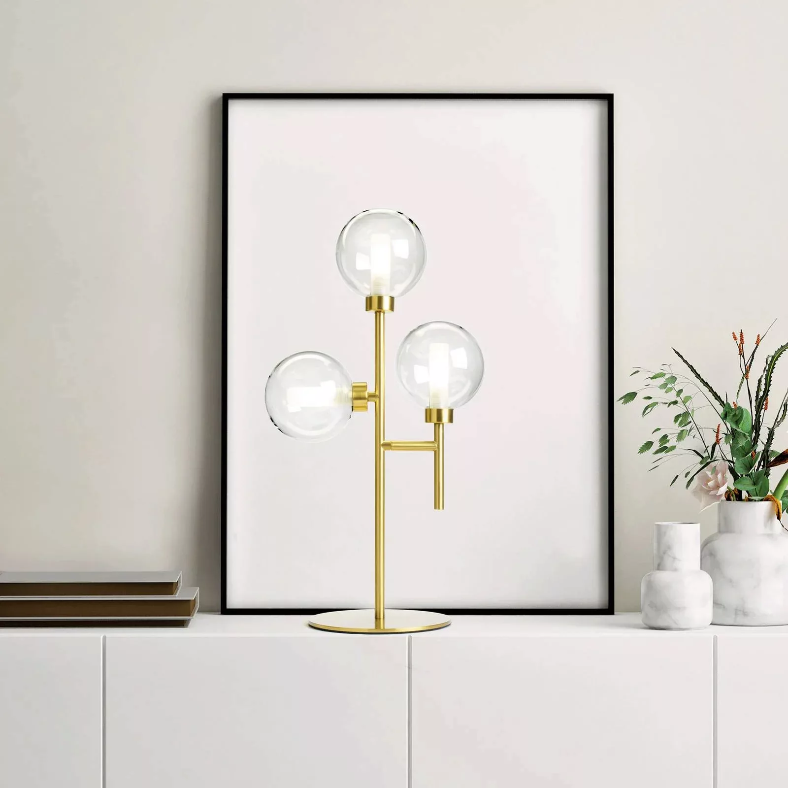 Tischleuchte Dom, 3-flammig, klar/gold, Höhe 55 cm, Glas günstig online kaufen