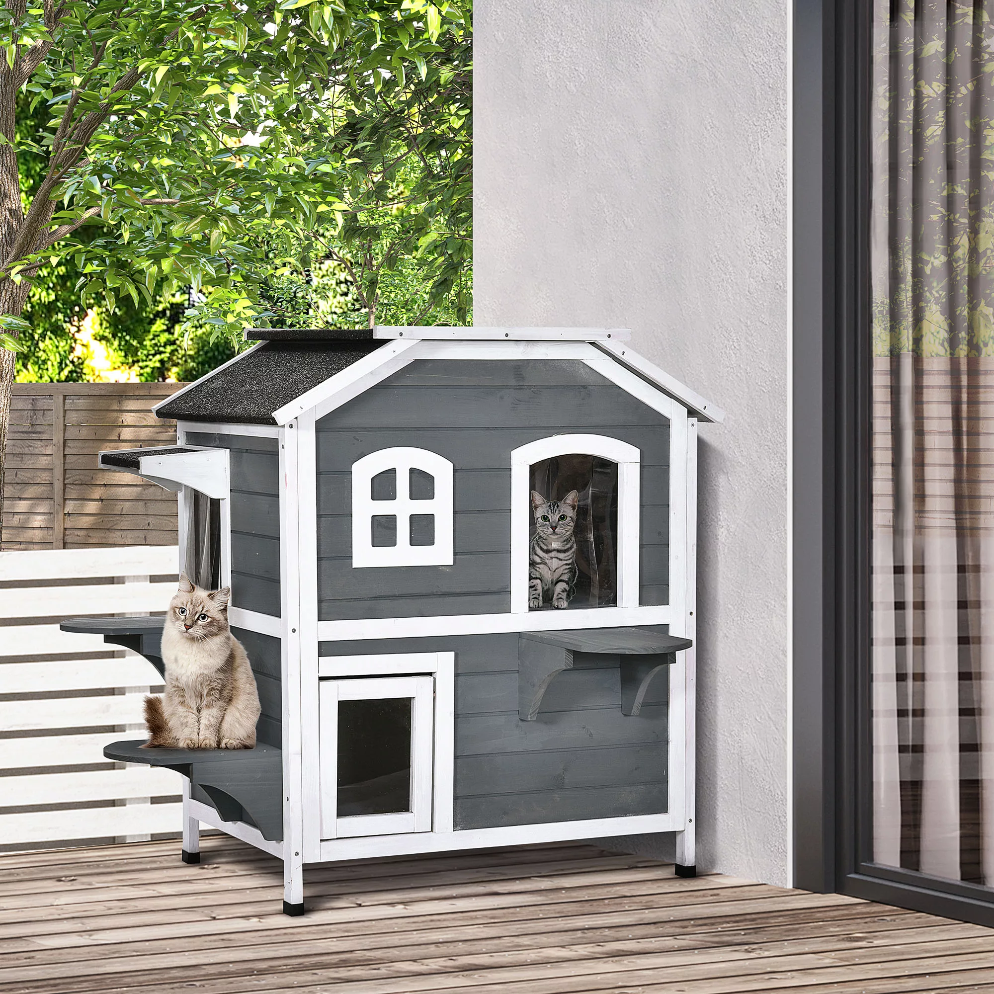 PawHut Katzenhaus mit Asphaltdach  Wetterfeste Outdoor Katzenhütte mit Trep günstig online kaufen