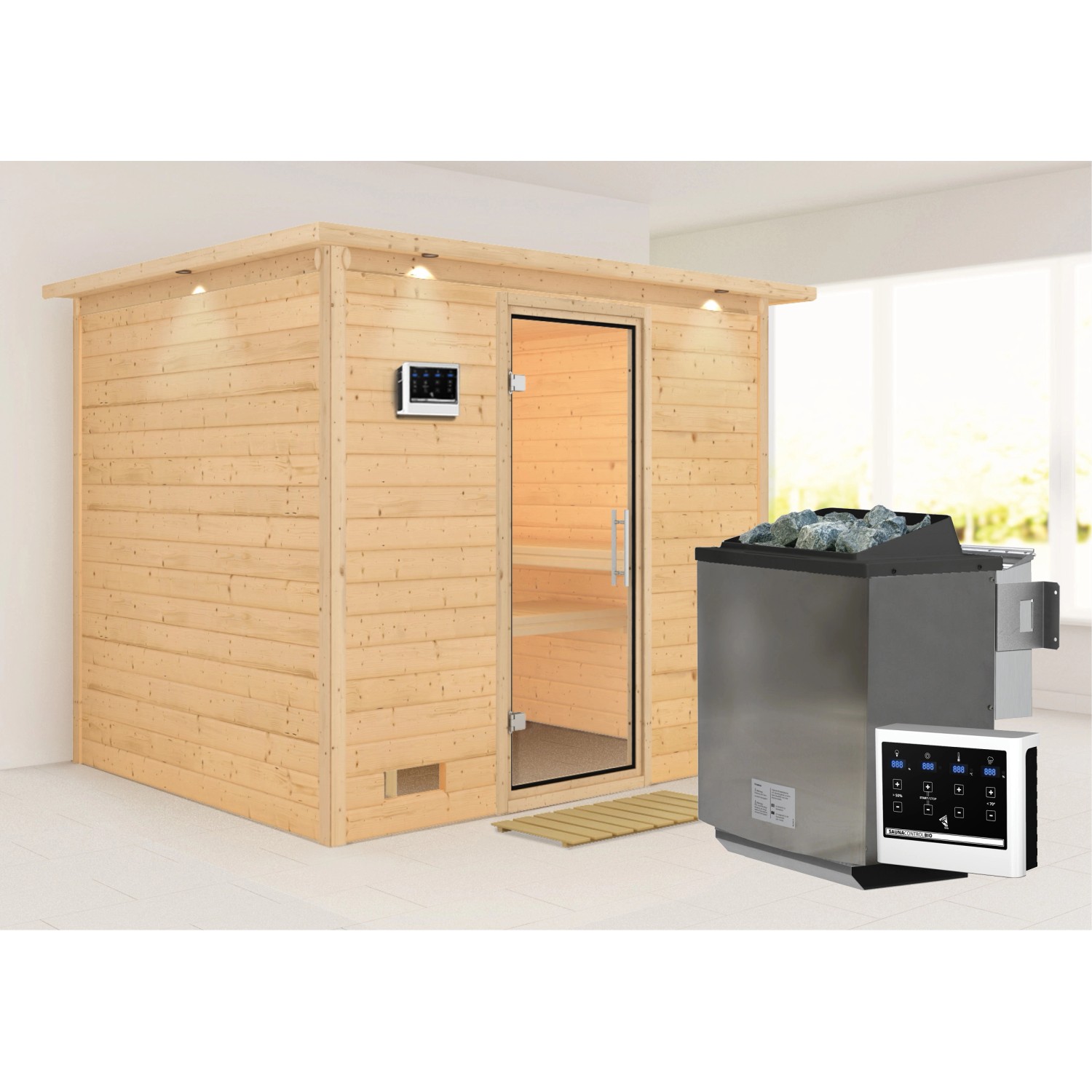Karibu Sauna Sarina mit Bio-Ofen externe Stg.Easy LED-Dachkranz Natur günstig online kaufen