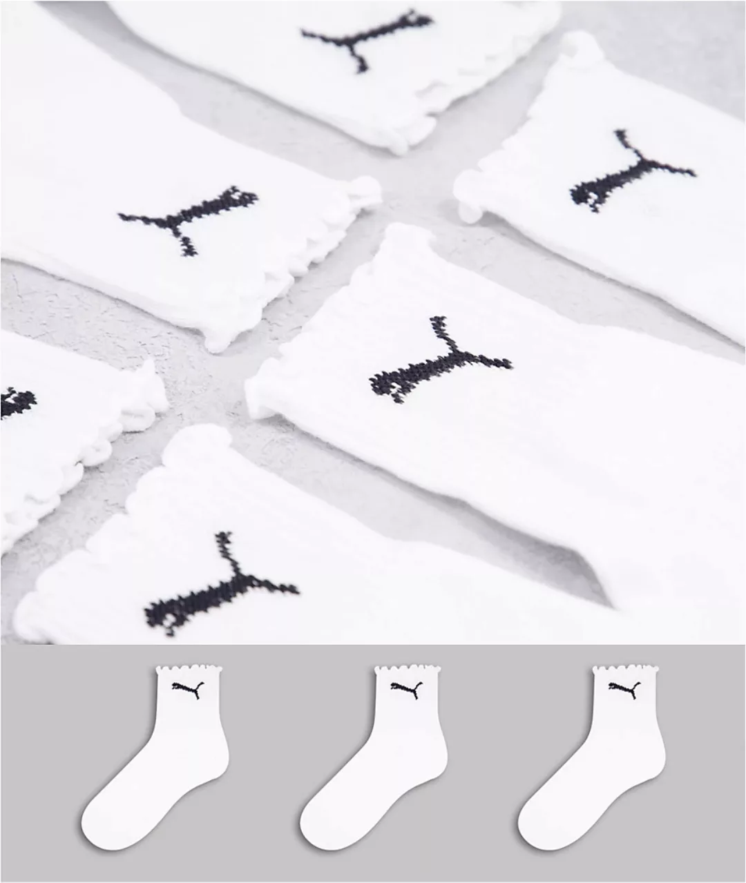 Puma – Socken in Weiß und Schwarz mit Rüschenborte im 3er-Pack günstig online kaufen