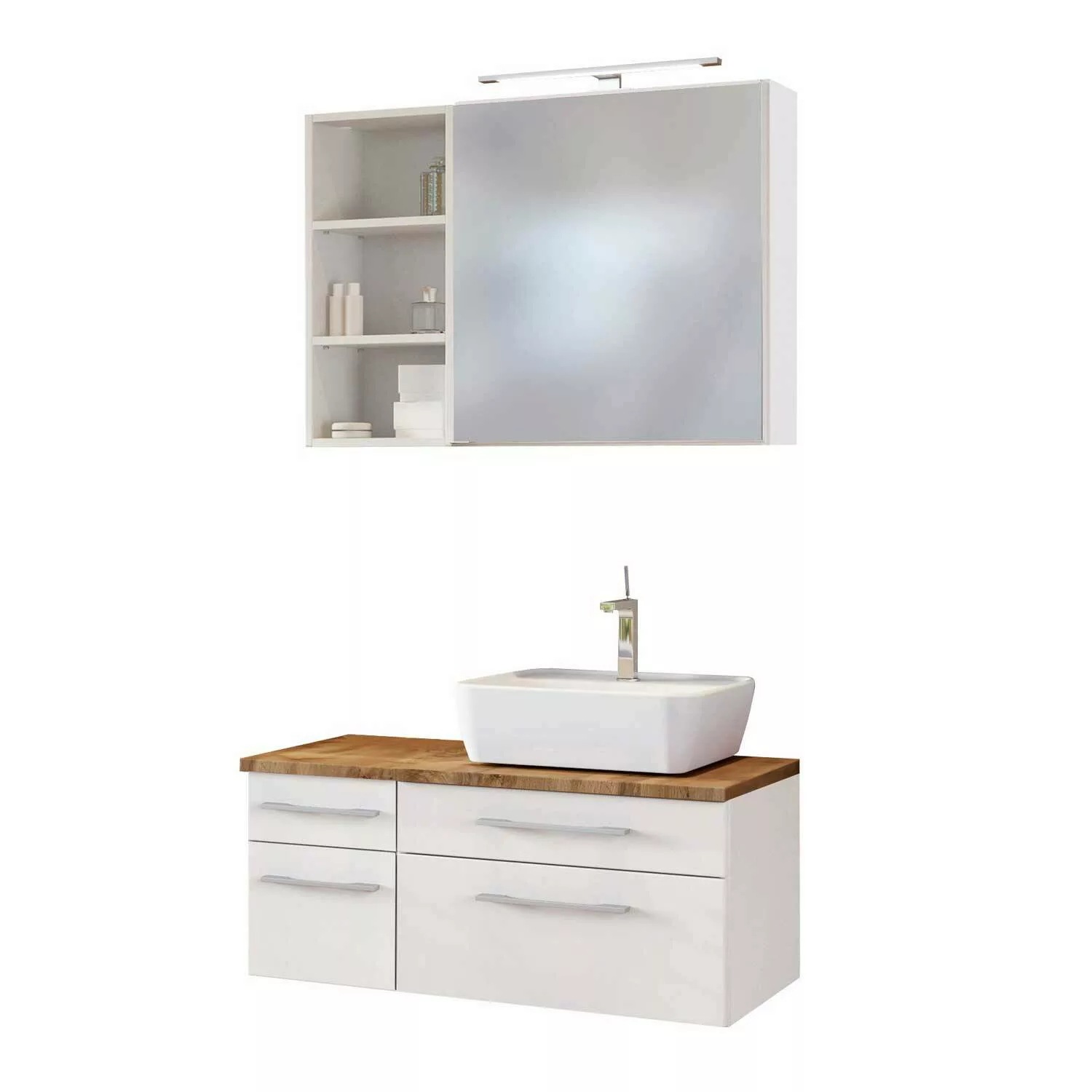 Badmöbel Set inklusive LED-Spiegelschrank 90 cm & Keramik Aufsatzwaschbecke günstig online kaufen