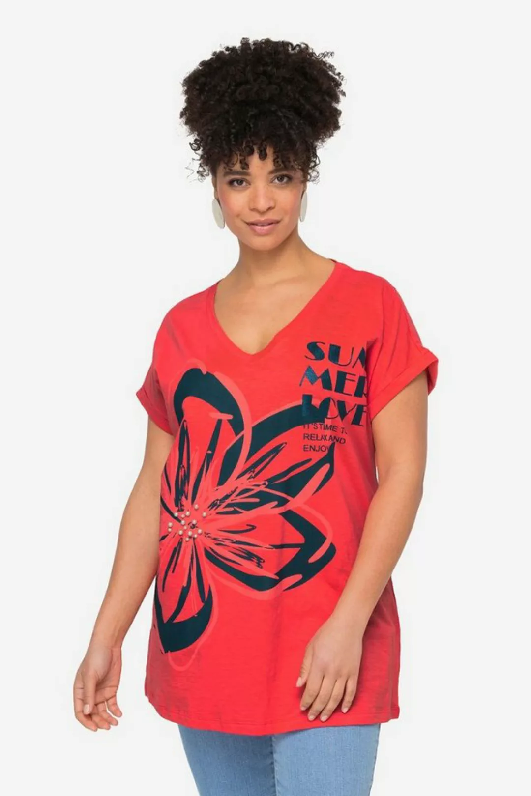 MIAMODA Rundhalsshirt T-Shirt oversized XL Blüte V-Ausschnitt Halbarm. günstig online kaufen