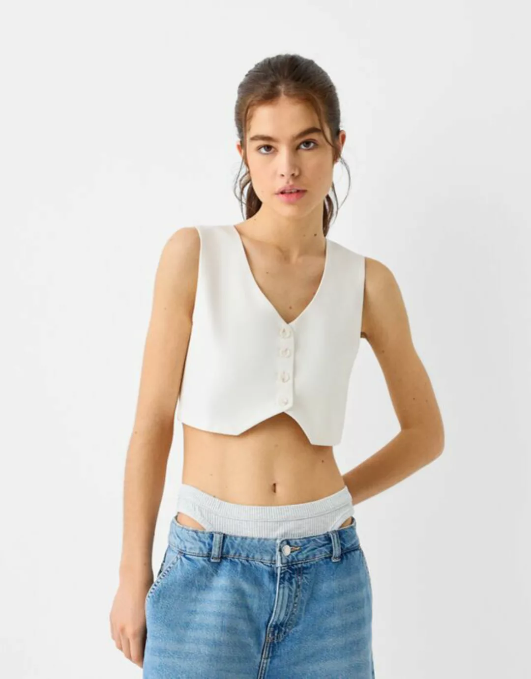 Bershka Eng Geschnittene Cropped-Weste Damen M Weiss günstig online kaufen