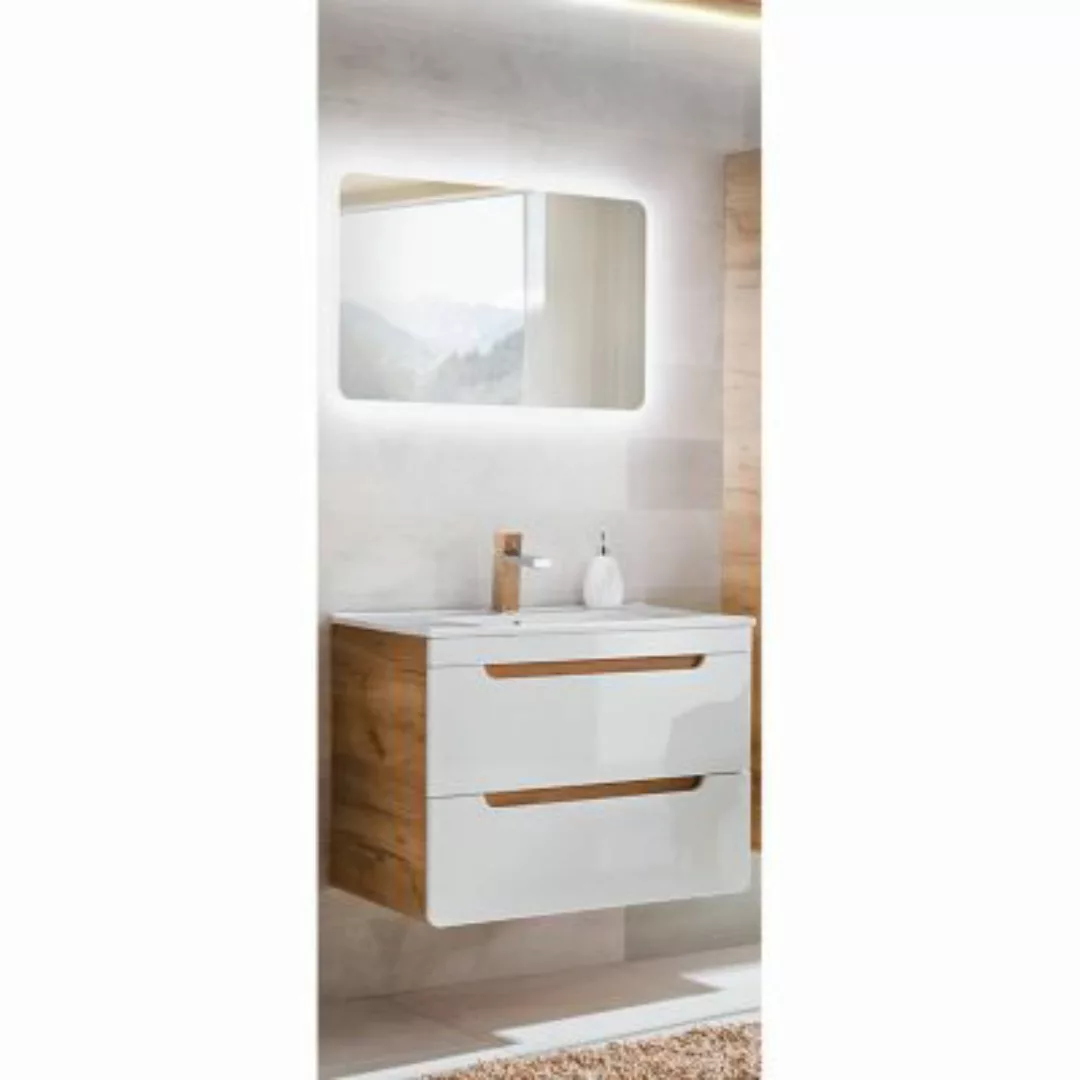 Lomadox Badezimmer Waschplatz Set 80 cm 2-teilig Hochglanz weiß  inkl. Kera günstig online kaufen