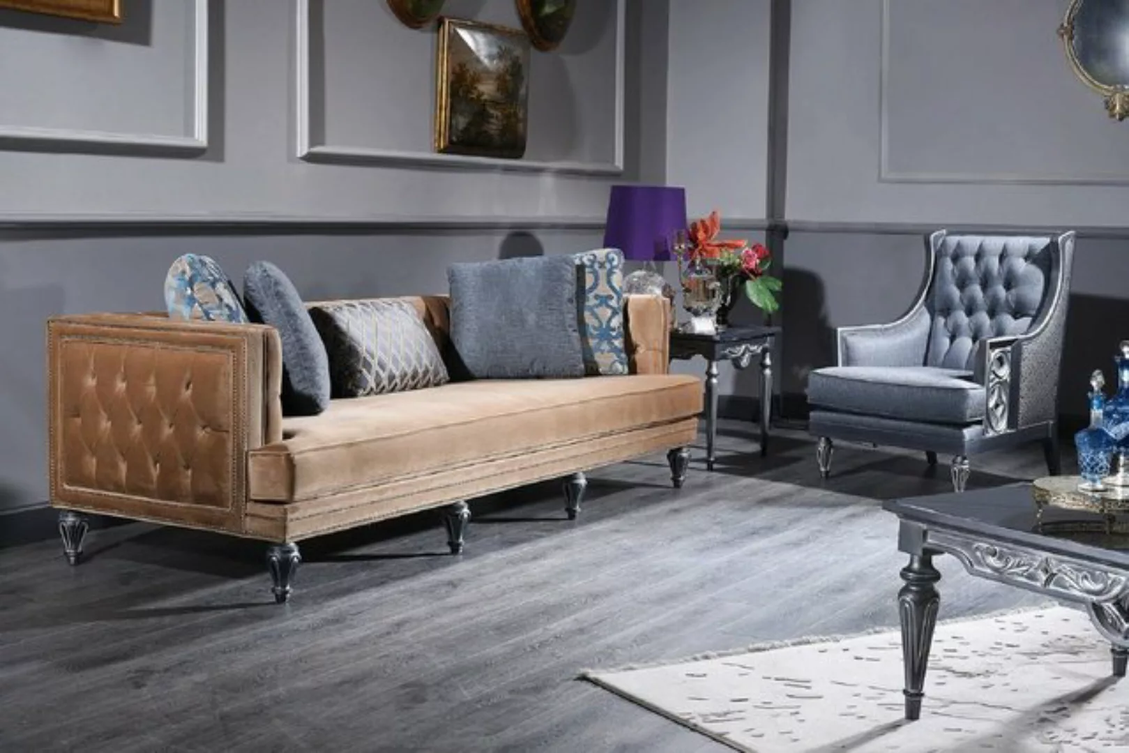 Casa Padrino Chesterfield-Sofa Luxus Barock Chesterfield Sofa Beige / Silbe günstig online kaufen