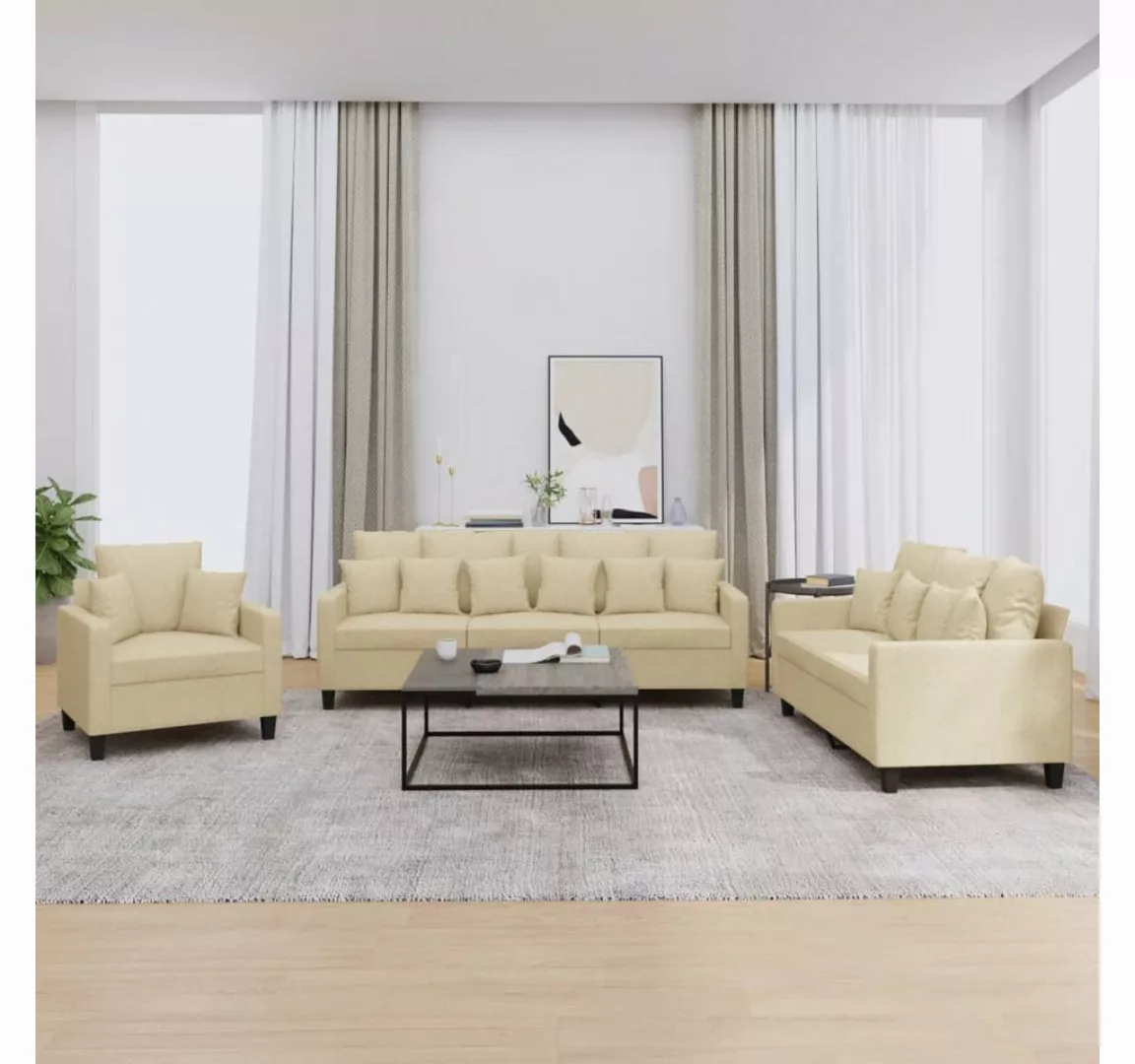 vidaXL Sofa, 3-tlg. Sofagarnitur mit Kissen Creme Stoff günstig online kaufen