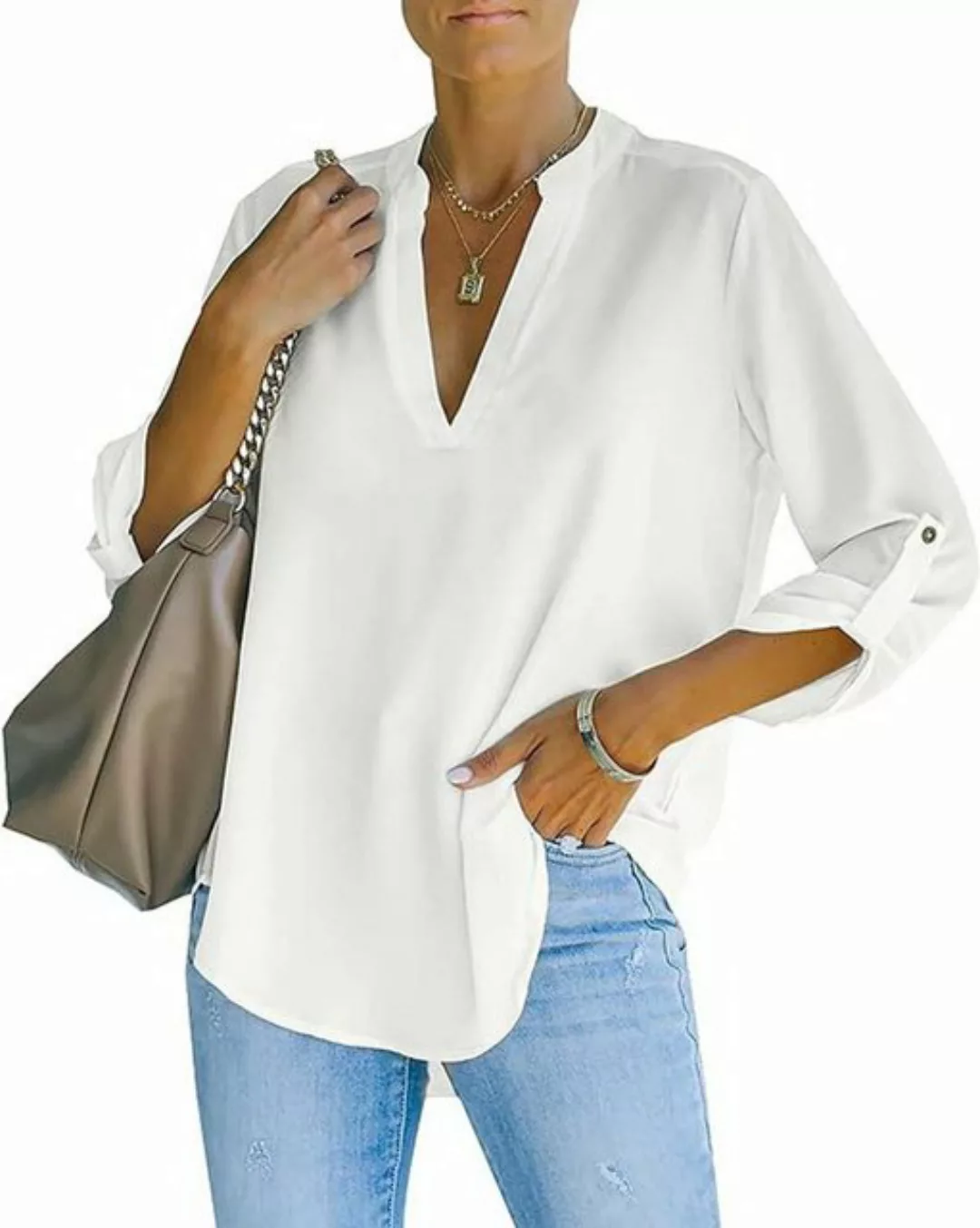 FIDDY Langarmbluse Damen Bluse Elegant V-Ausschnitt Hemdbluse Aufrollbaren günstig online kaufen