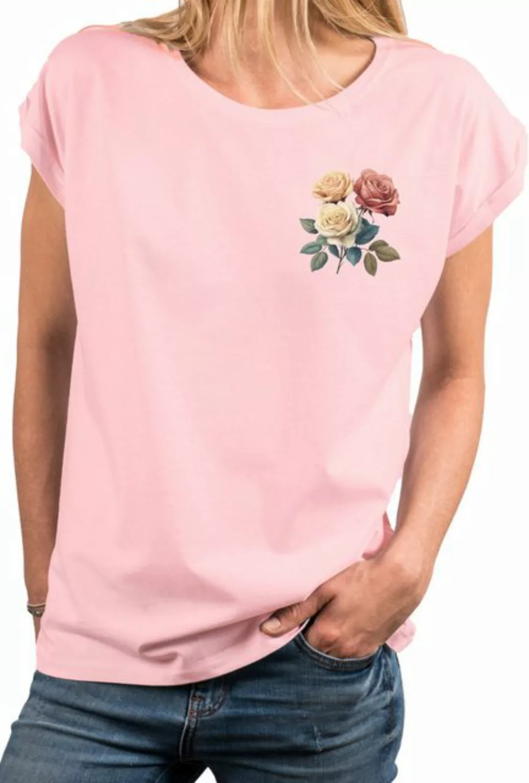 MAKAYA Print-Shirt mit Rosenmotiv Damen Top Rosendruck Aufdruck Rose (Weiß, günstig online kaufen