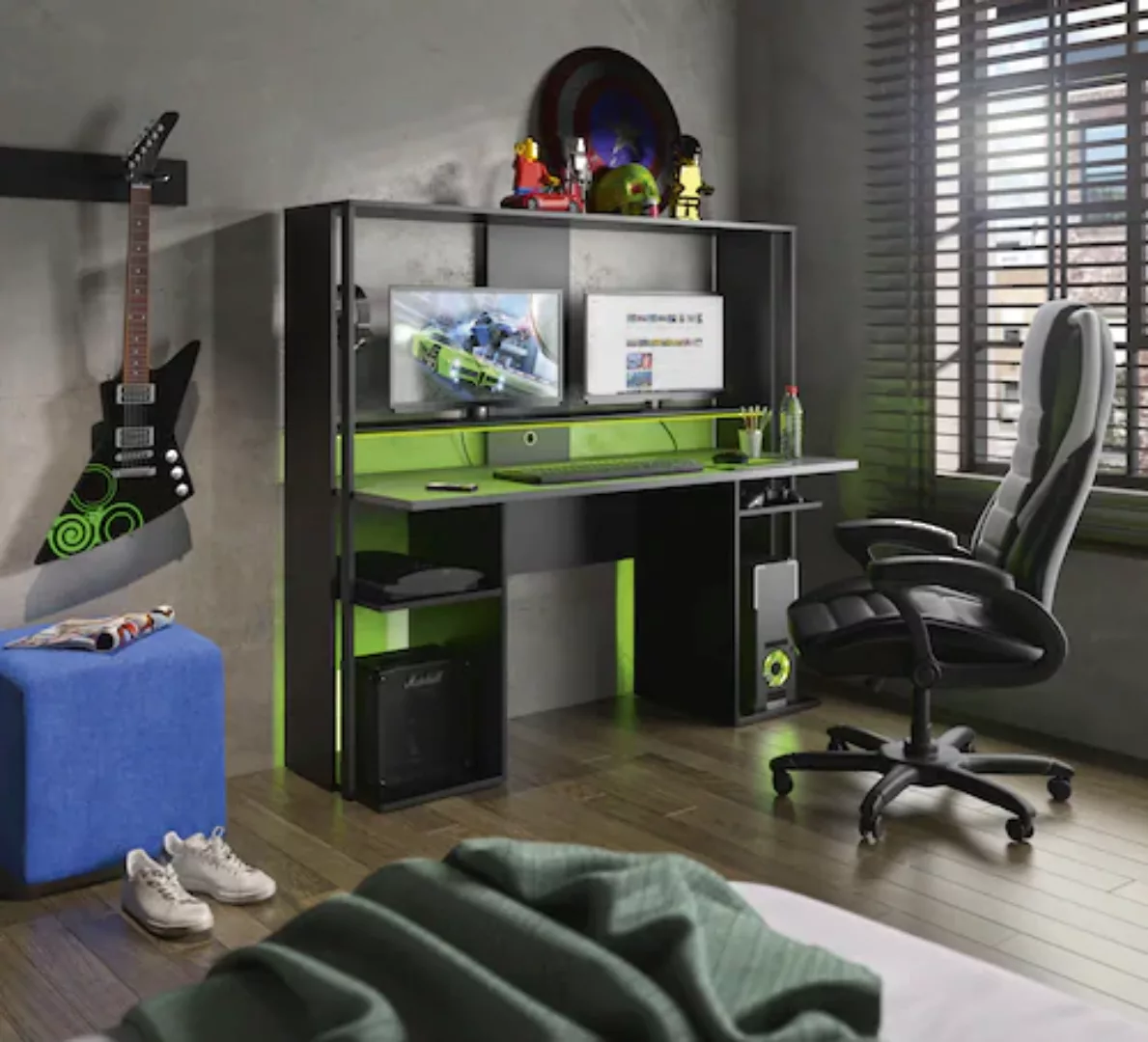 Gaming-Schreibtisch mit Stauraum & LEDs - Schwarz - STANDA günstig online kaufen