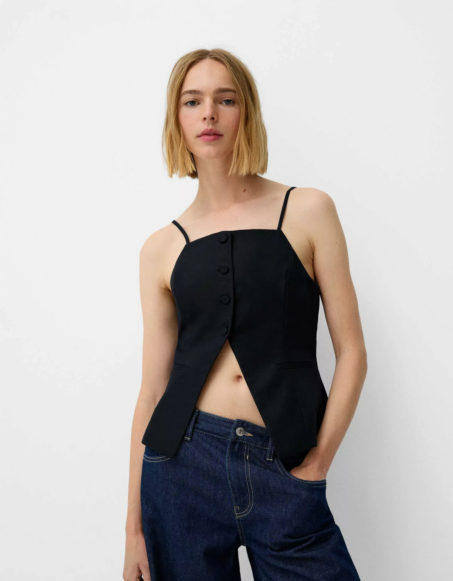 Bershka Weste Mit Träger Und Leinen Damen Xl Schwarz günstig online kaufen