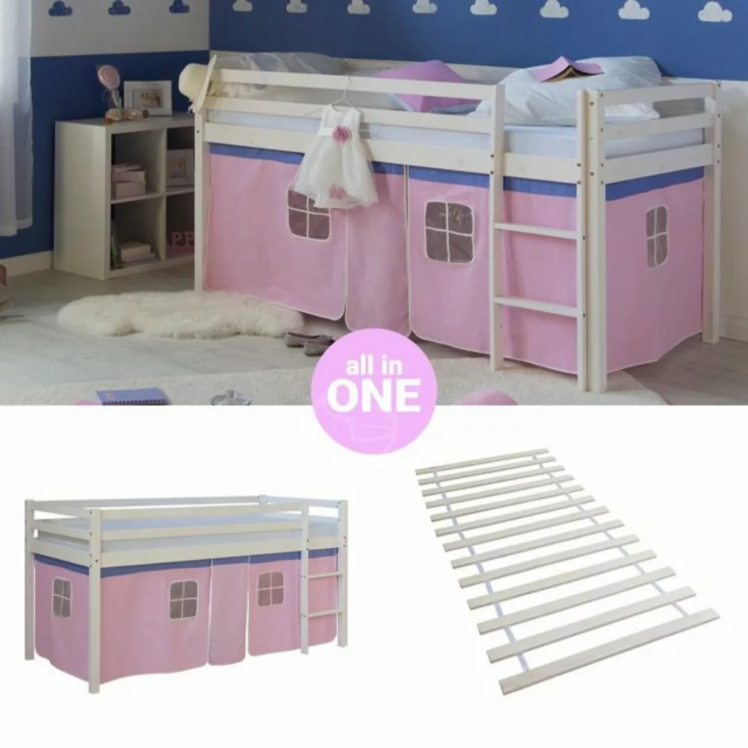 Homestyle4u Hochbett Kinderbett mit Leiter und Vorhang Weiß Rosa Holz Trepp günstig online kaufen