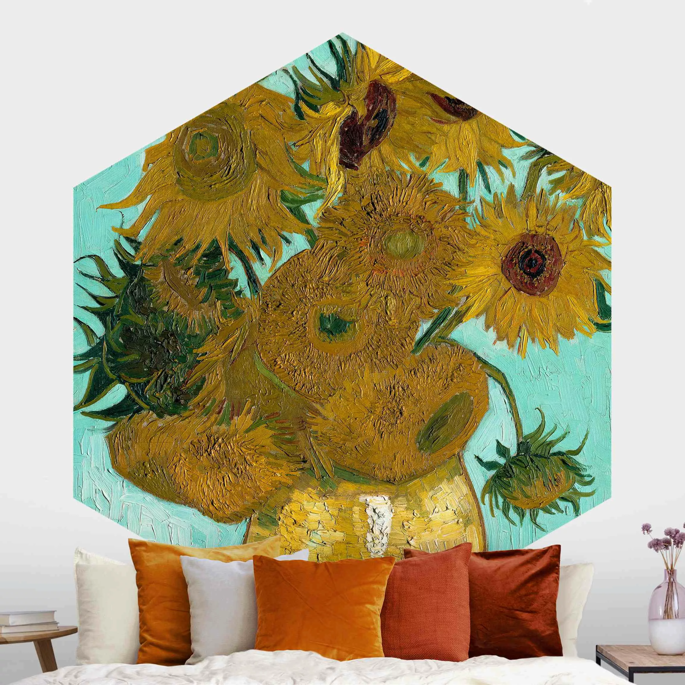 Hexagon Fototapete selbstklebend Vincent van Gogh - Vase mit Sonnenblumen günstig online kaufen