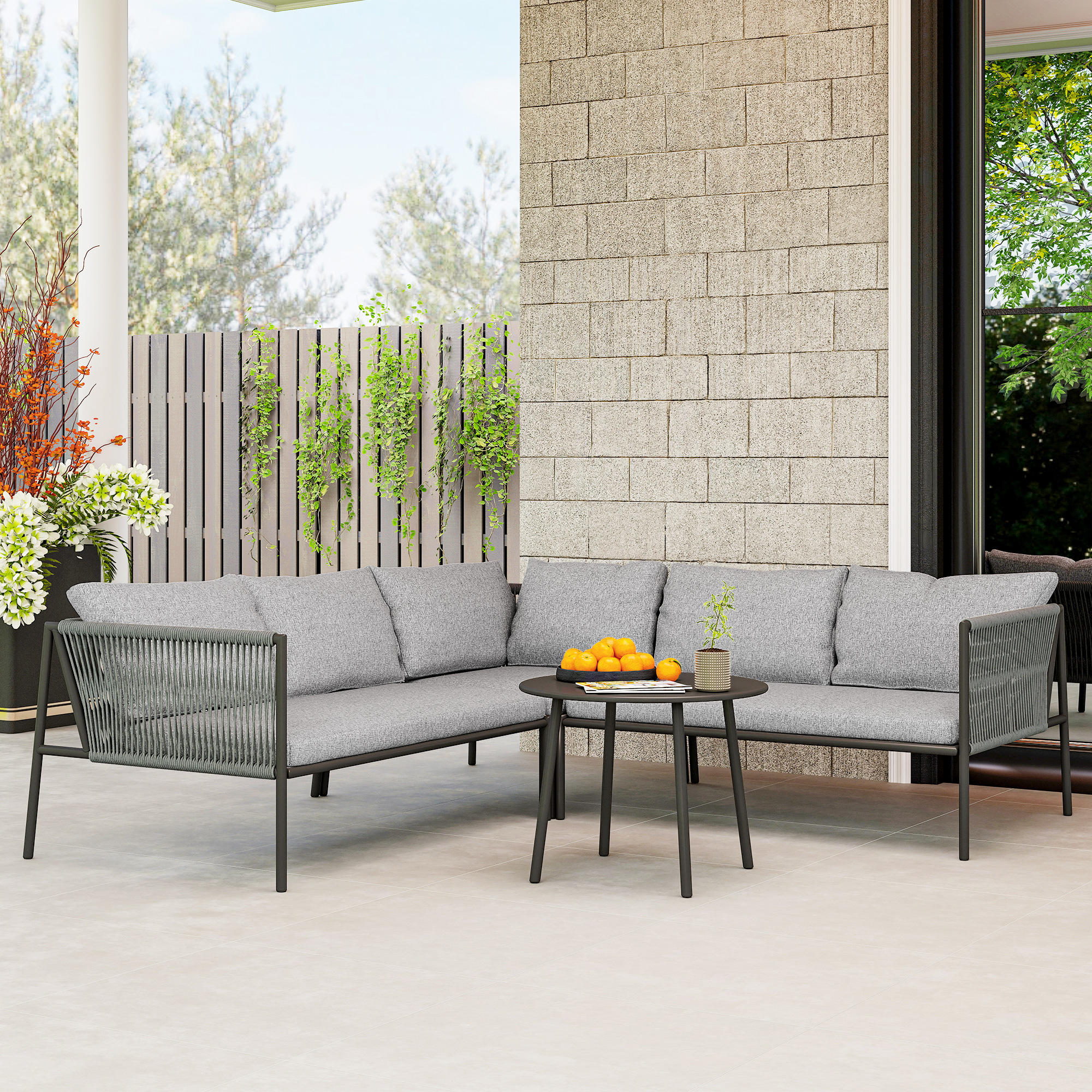 Outsunny Gartenmöbel Set Polyrattan Lounge-Set mit Ecksofa Tisch Kissen wet günstig online kaufen