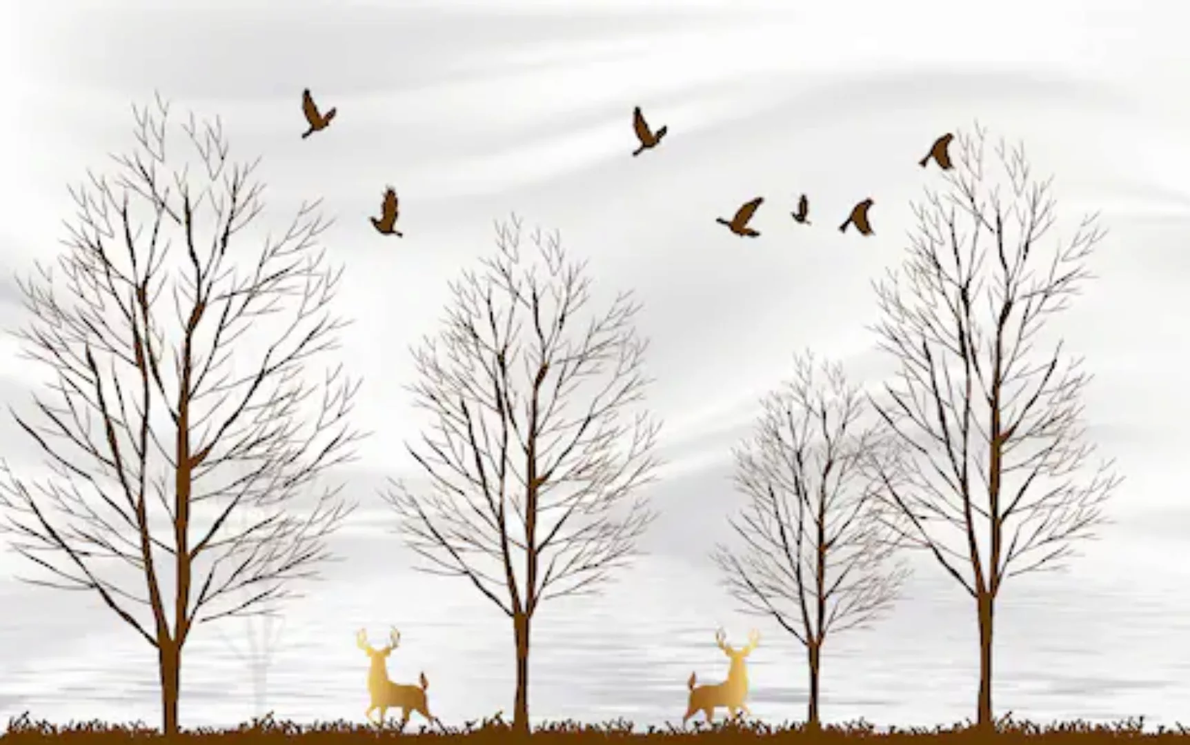 Papermoon Fototapete »Bäume mit Hirschen und Vögeln« günstig online kaufen
