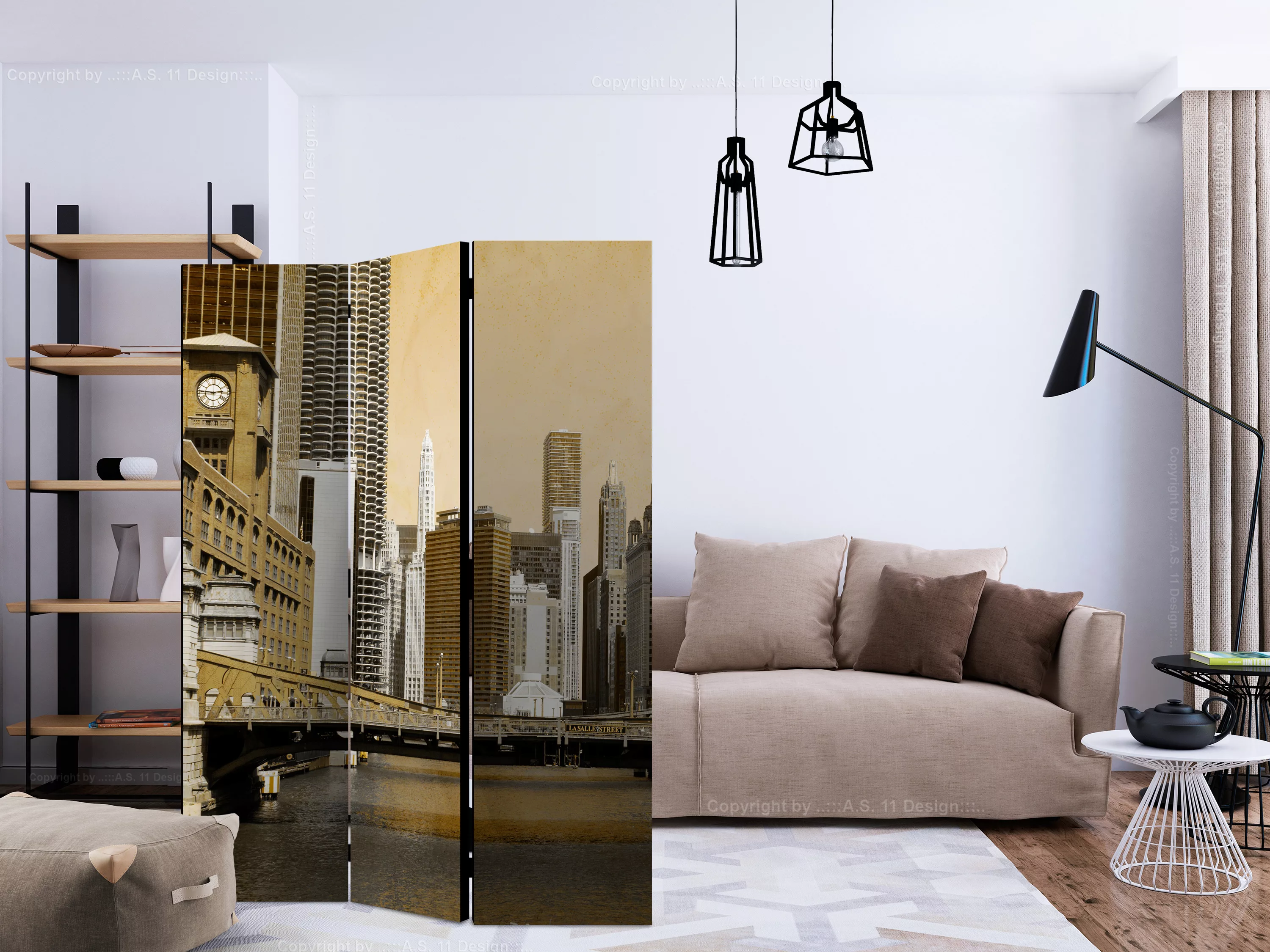 3-teiliges Paravent - Chicago's Bridge (vintage Effect) [room Dividers] günstig online kaufen