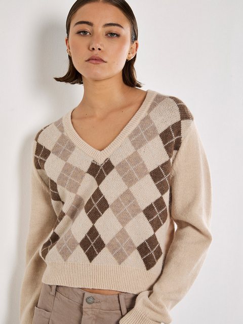 Apricot Strickpullover V-Ausschnitt Pullover, mit Rautenmuster günstig online kaufen