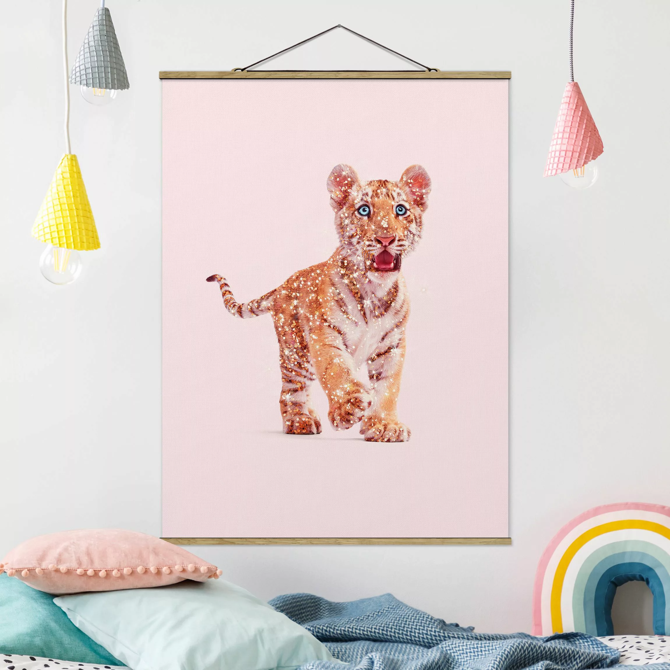 Stoffbild Tiere mit Posterleisten - Hochformat Tiger mit Glitzer günstig online kaufen