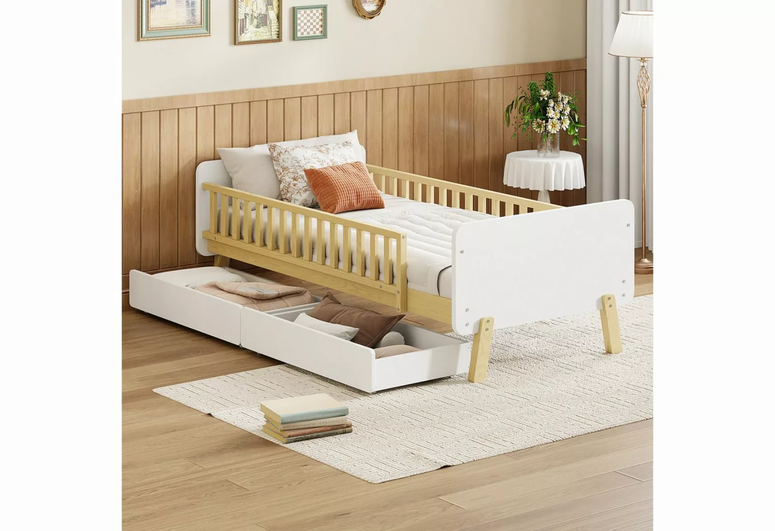 Odikalo Kinderbett Einzelbett 90x190cm mit 2 Schubladen Massivholz Lattenro günstig online kaufen