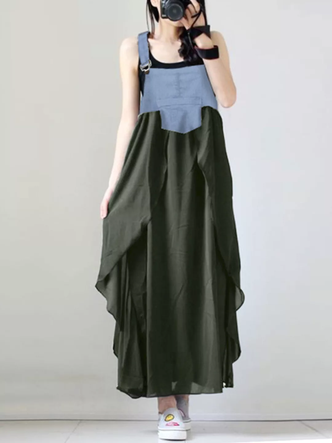 Denim Patchwork Front Button Ärmellos Irregular Maxi Kleid günstig online kaufen