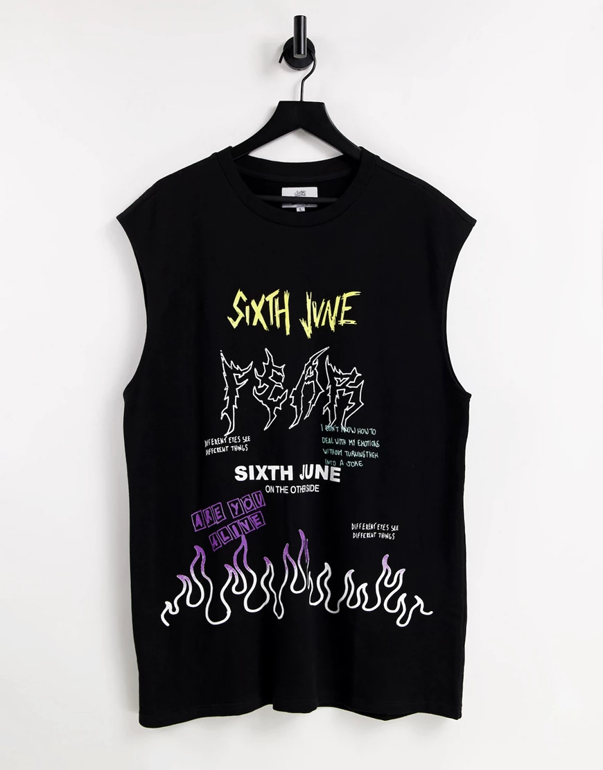 Sixth June – Ärmelloses T-Shirt in Schwarz mit Graffiti-Print günstig online kaufen