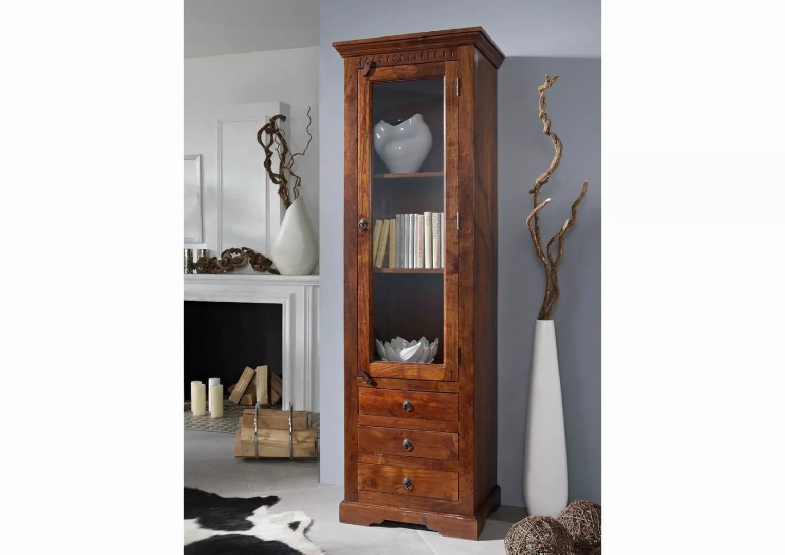 Massivmoebel24 Standvitrine Vitrine Akazie 60x44x190 nougat lackiert OXFORD günstig online kaufen