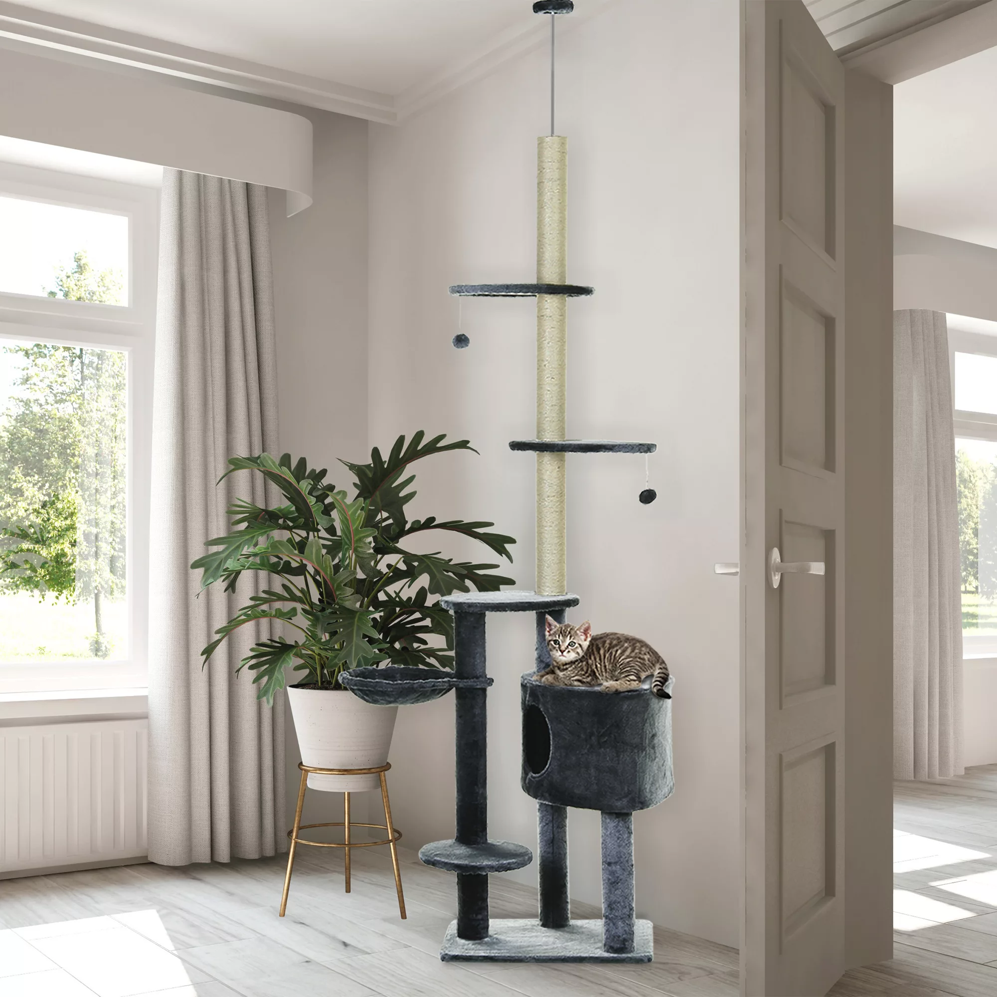 PawHut Katzenklettergerüst Kratzbaum mit Sisalsäulen, 220-265cm Deckenhoch günstig online kaufen
