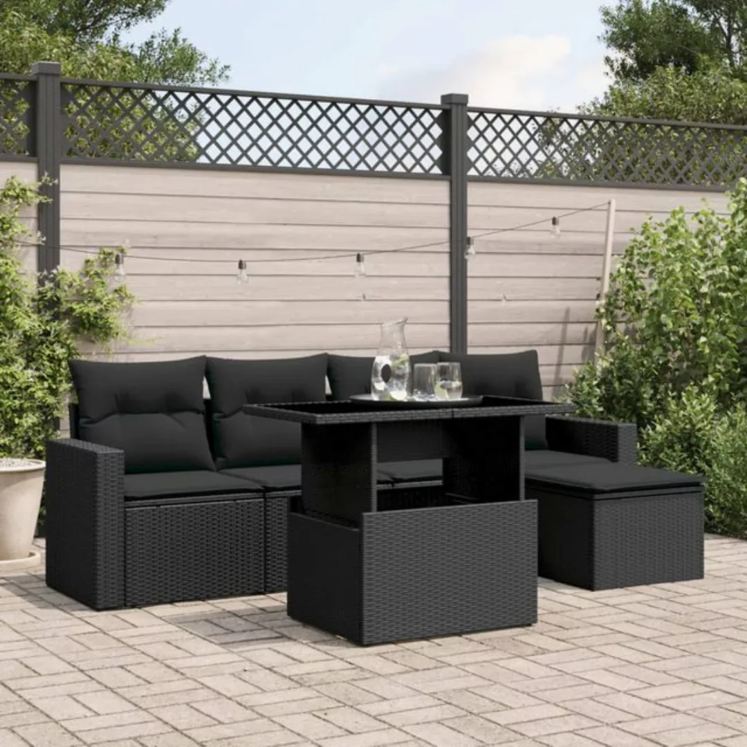 vidaXL Loungesofa 6-tlg. Garten-Sofagarnitur mit Kissen Schwarz Poly Rattan günstig online kaufen