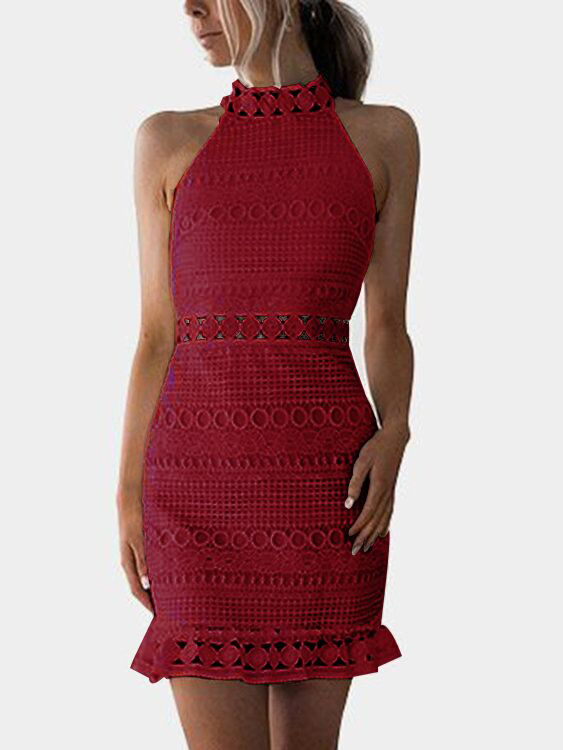 Rote Spitze ausgeschnitten Design High Neck ärmellos Kleid günstig online kaufen