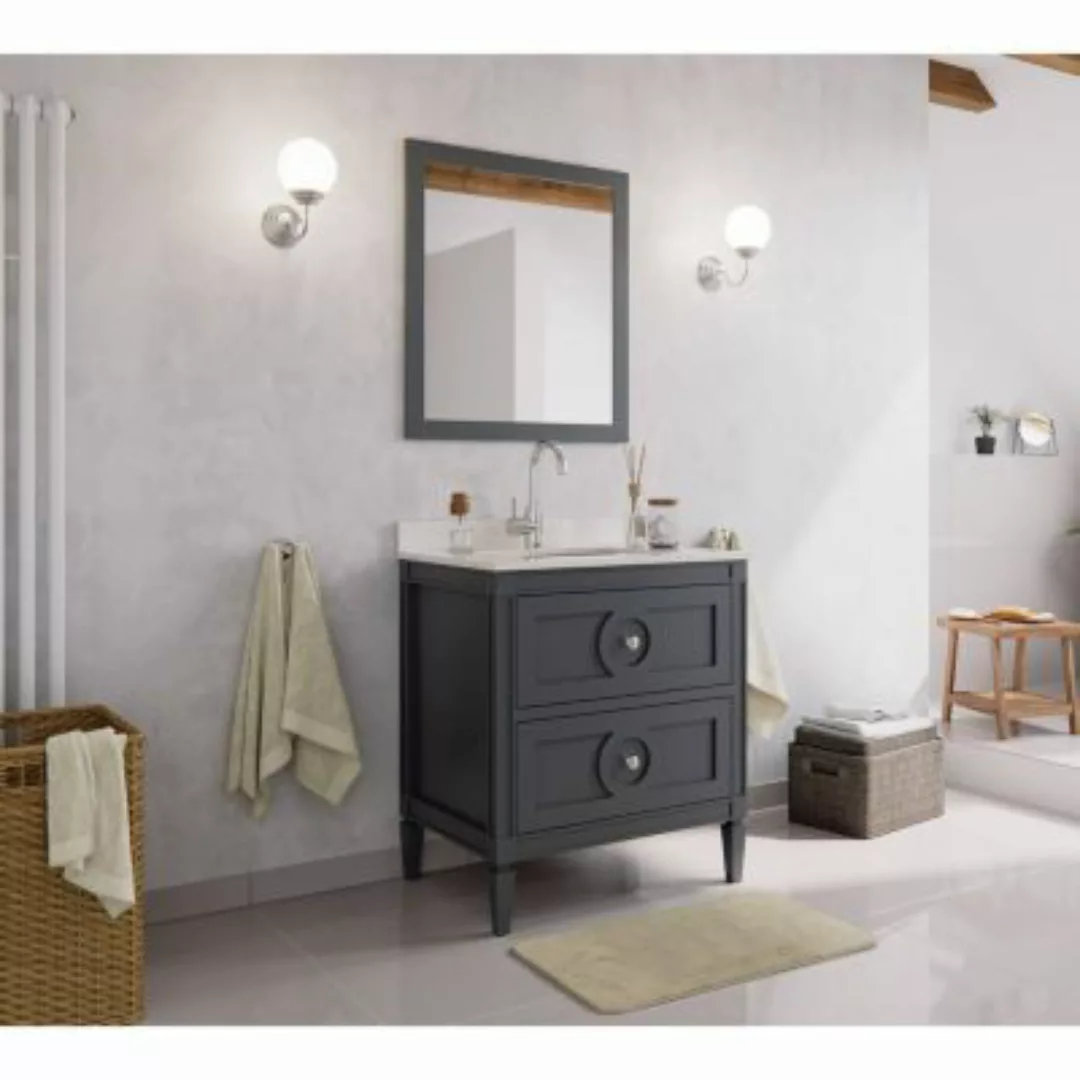 Lomadox Badmöbel Set Landhaus Design BLANES-02 Massivholz in grau lackiert günstig online kaufen