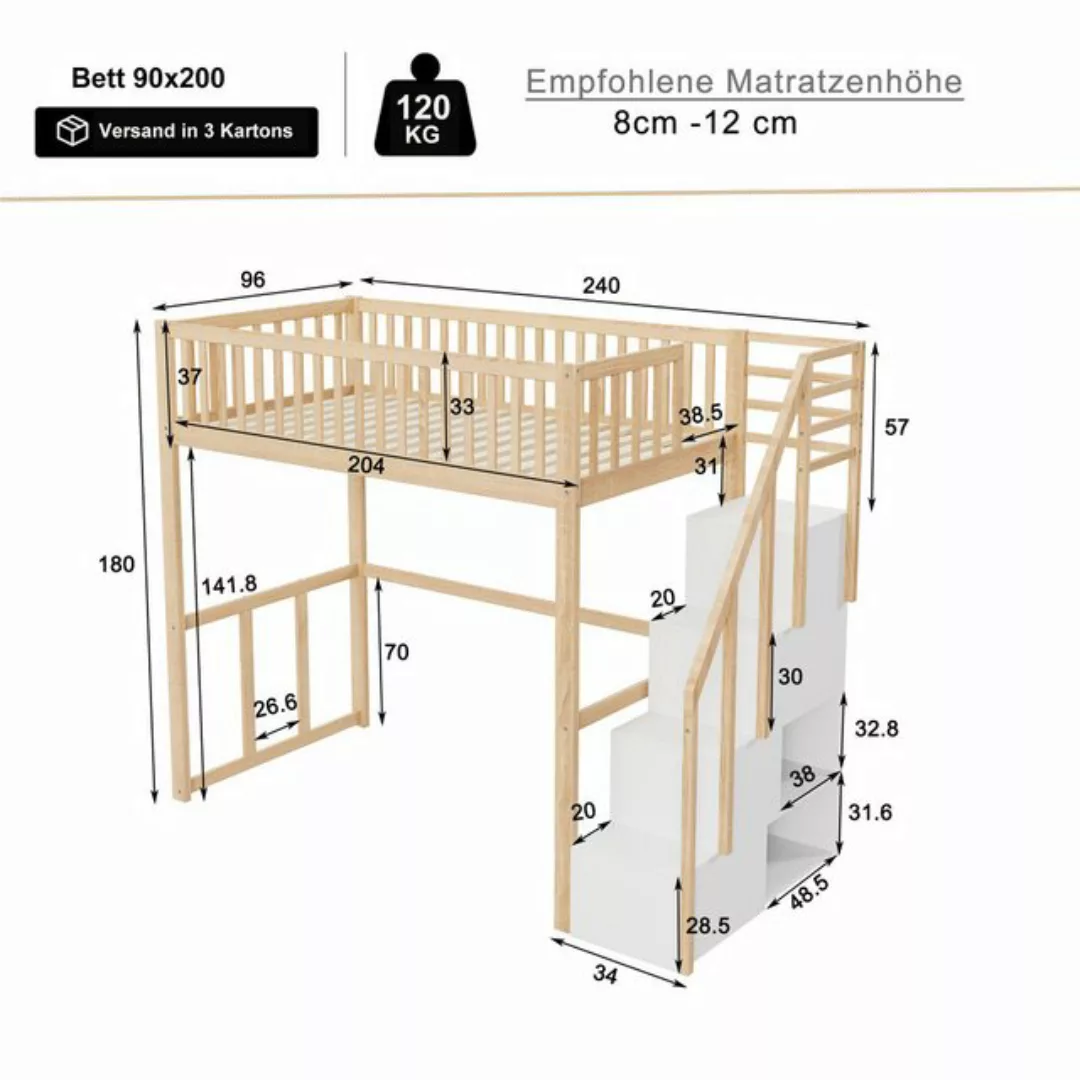 Flieks Hochbett Massivholz Kinderbett Einzelbett 90x200cm mit Stauraumtrepp günstig online kaufen