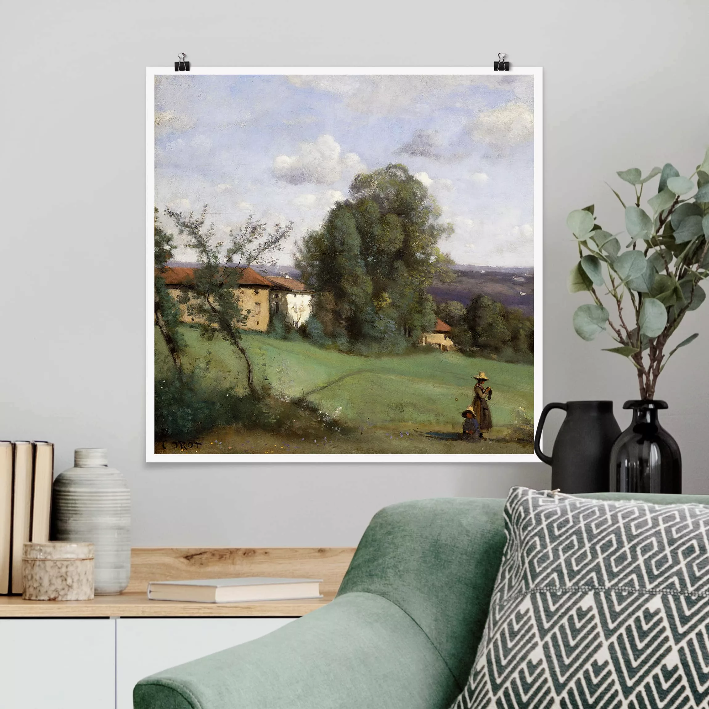 Poster Kunstdruck - Quadrat Jean-Baptiste Camille Corot - Ein Bauernhof günstig online kaufen