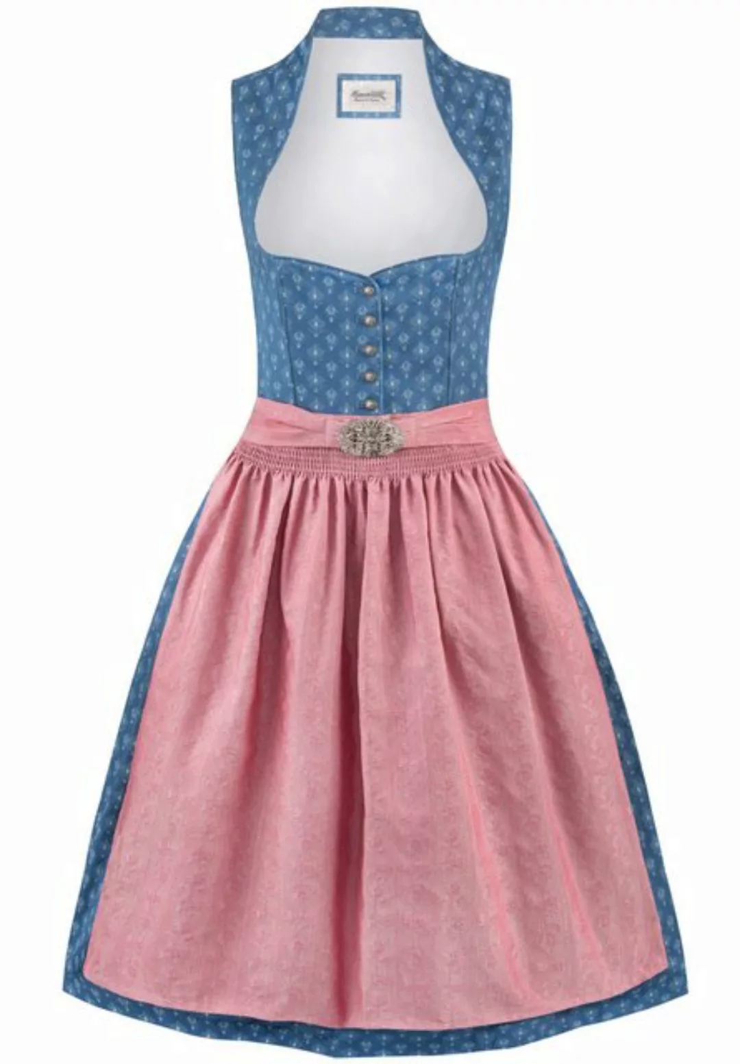 Ramona Lippert Dirndl Cora blau rosa Stehkragen Rocklänge 65 cm günstig online kaufen