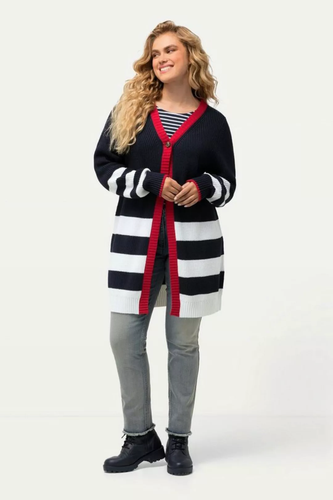 Ulla Popken Strickjacke Strickjacke Ringelmix V-Ausschnitt günstig online kaufen