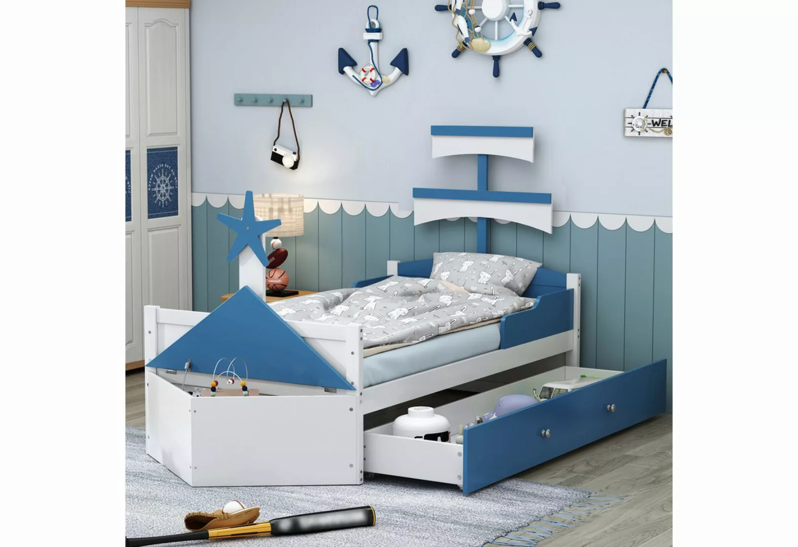 MODFU Kinderbett Funktionsbett Einzelbett Holzbett (Segelbootform, mit 2 Sc günstig online kaufen