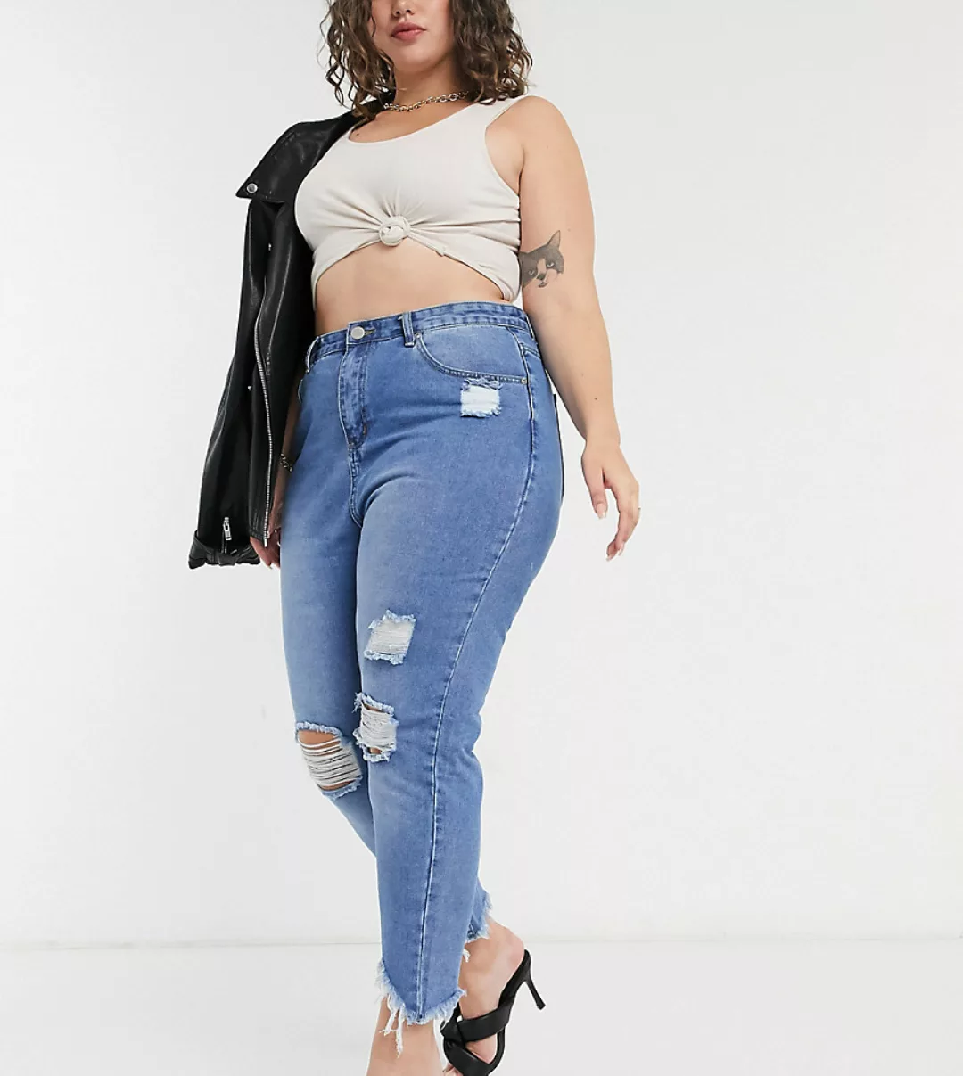 Yours – Mittelblaue Mom-Jeans mit Distressed-Saum günstig online kaufen