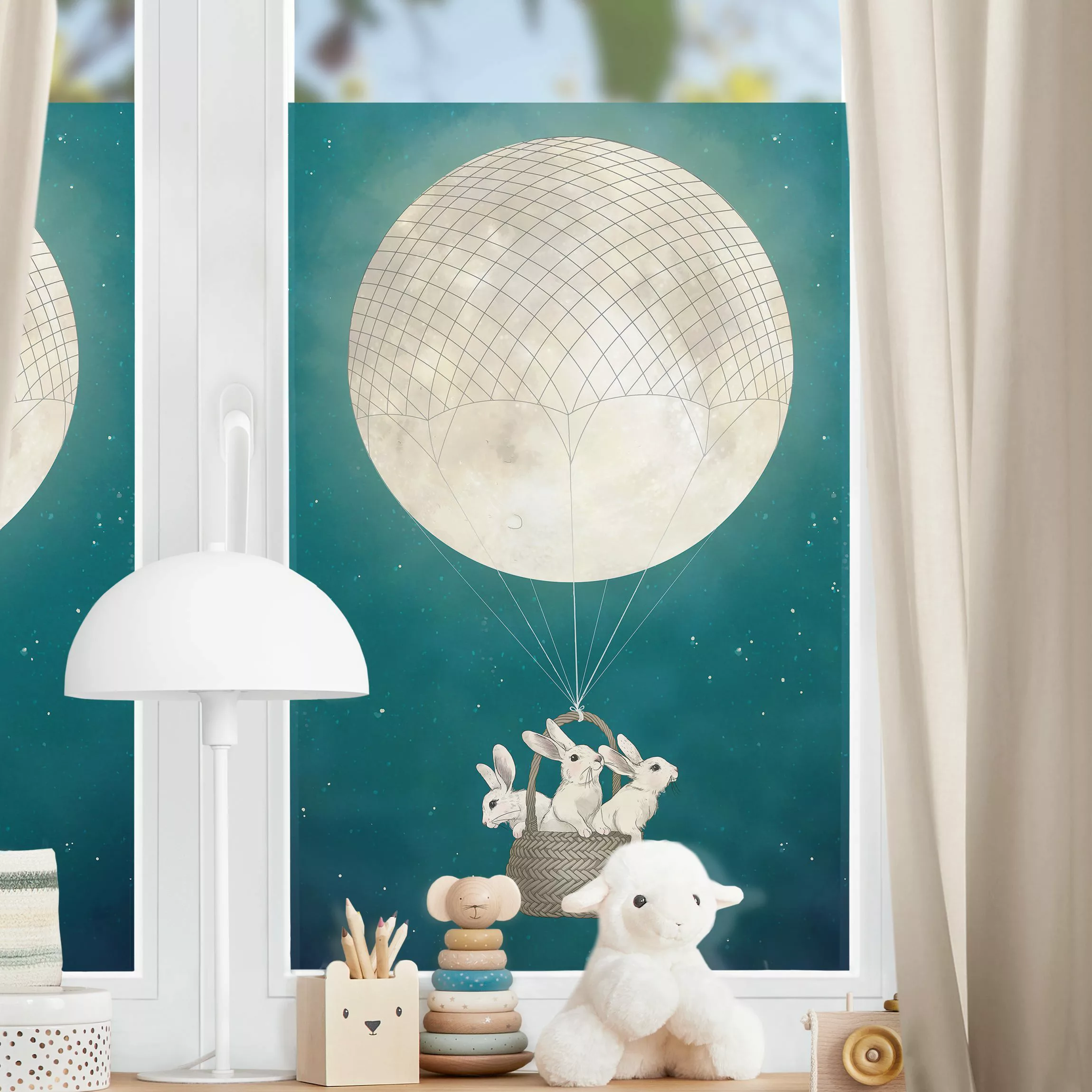 Fensterfolie Illustration Hasen Mond-Heißluftballon Sternenhimmel günstig online kaufen
